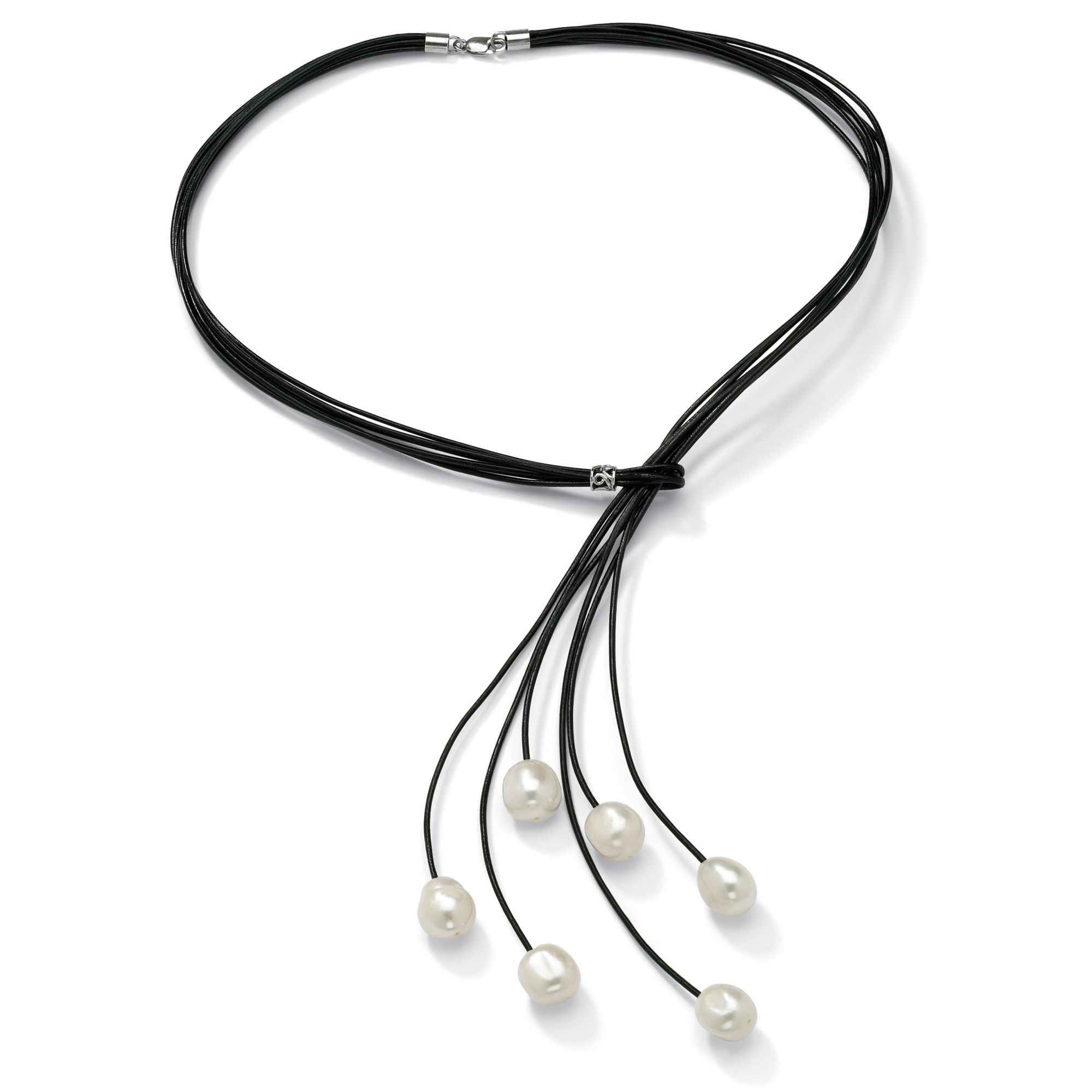 Sterling Silver Cultured Pearl Lariat-Style Black Leather Necklace