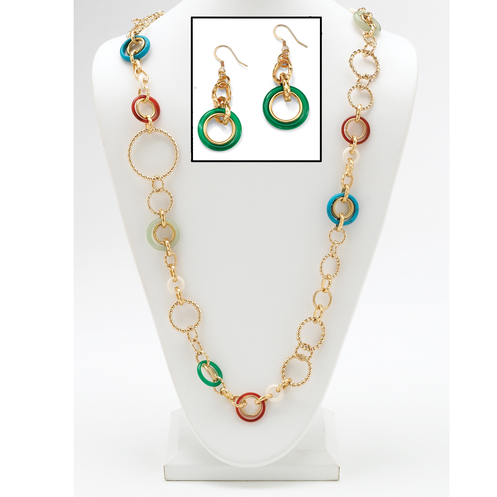 14k Gold-Plated Multi-Gemstone Circle Necklace and Pierced Earring Set