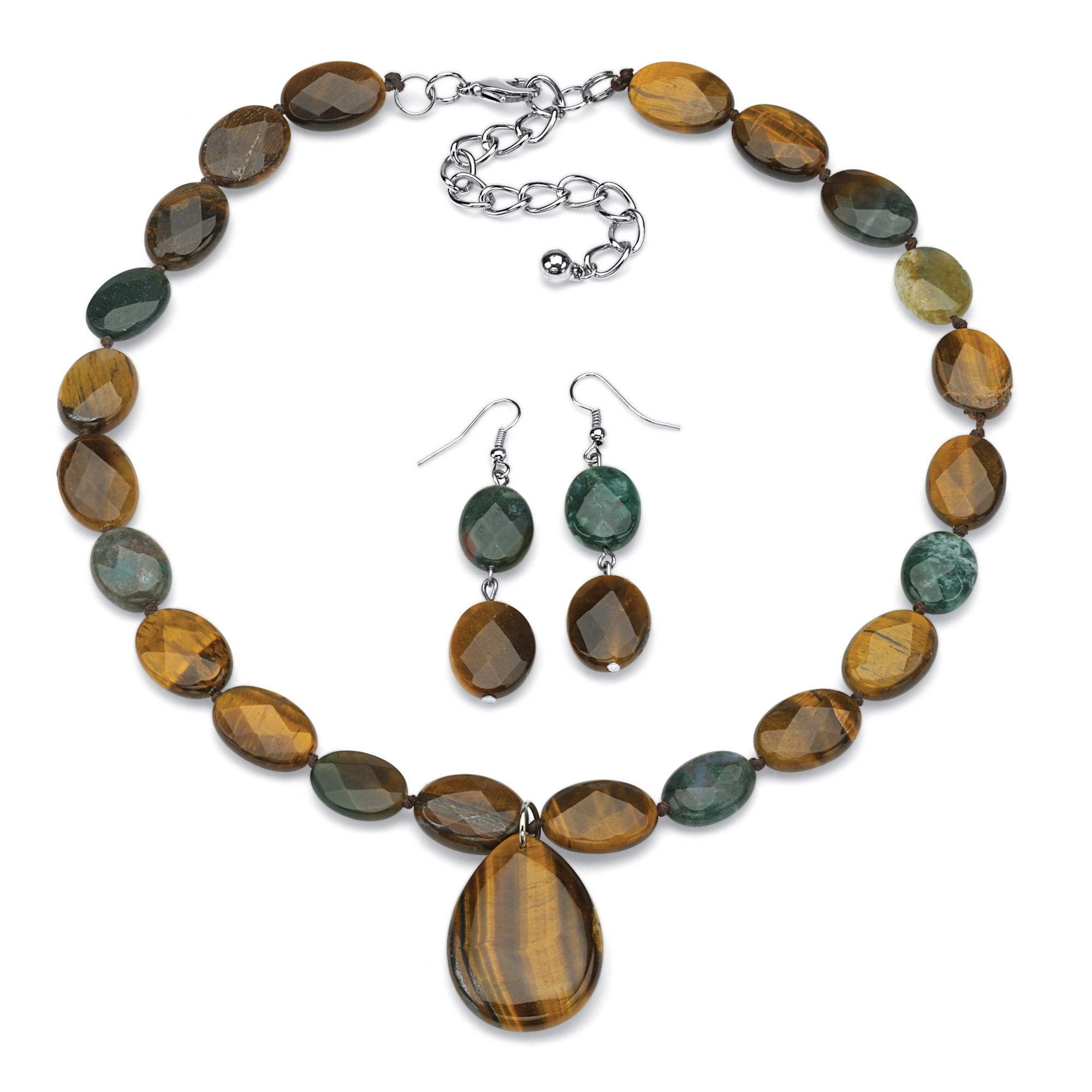 Silver Tone Jasper and Shell Necklace and Pierced Earring Set