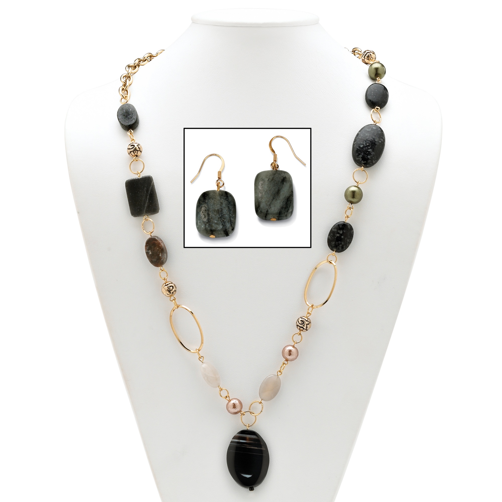 14k Gold-Plated Jasper and Black Chalcedony Geometric Necklace and Pierced ...