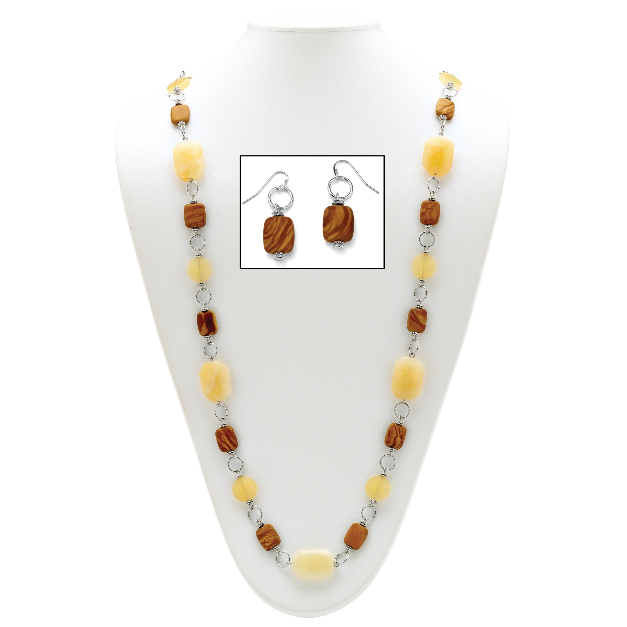 Silver Tone Multi-Colored Jasper Geometric Necklace and Pierced Earring Set