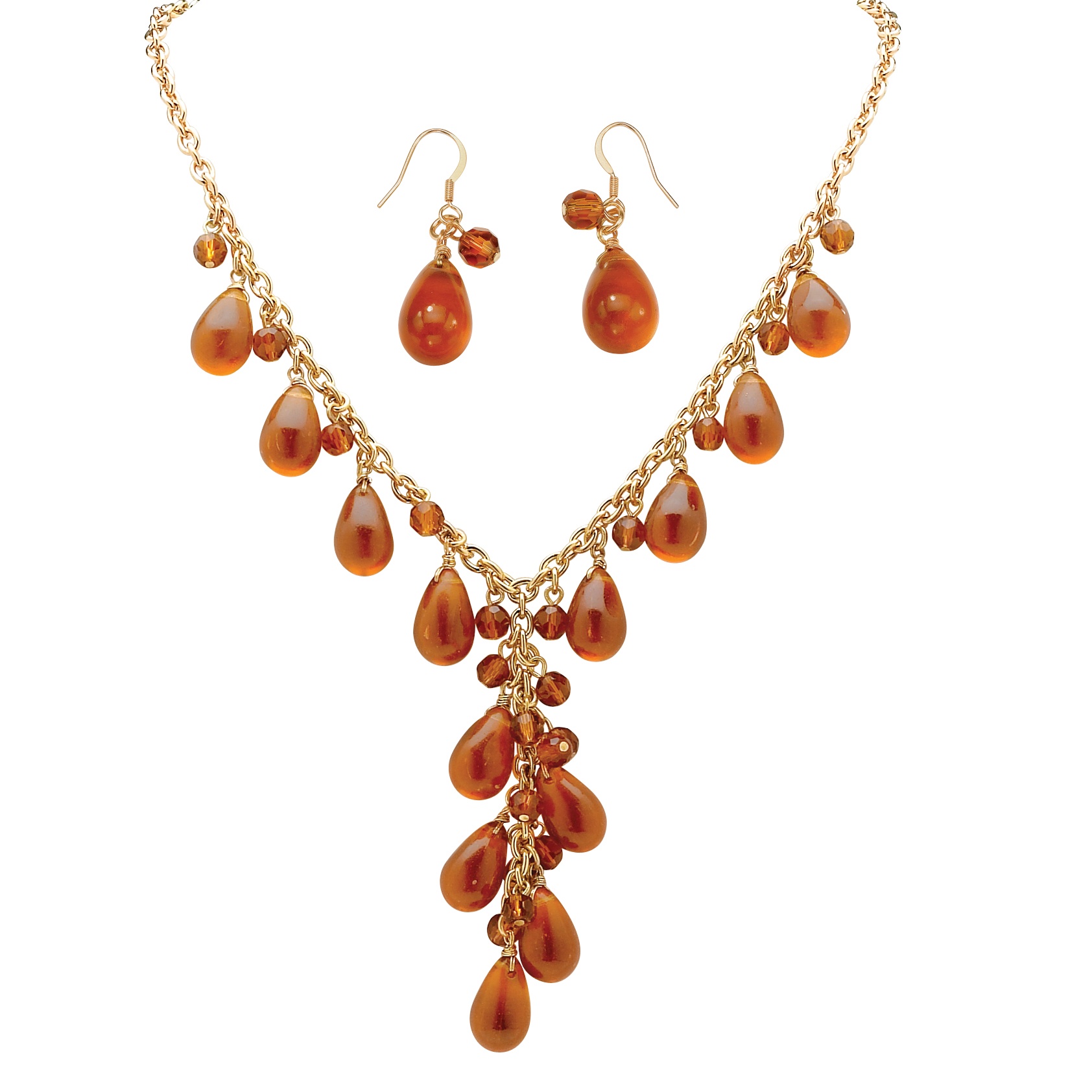 14k Gold-Plated Amber-Colored Glass Necklace and Pierced Earring Set