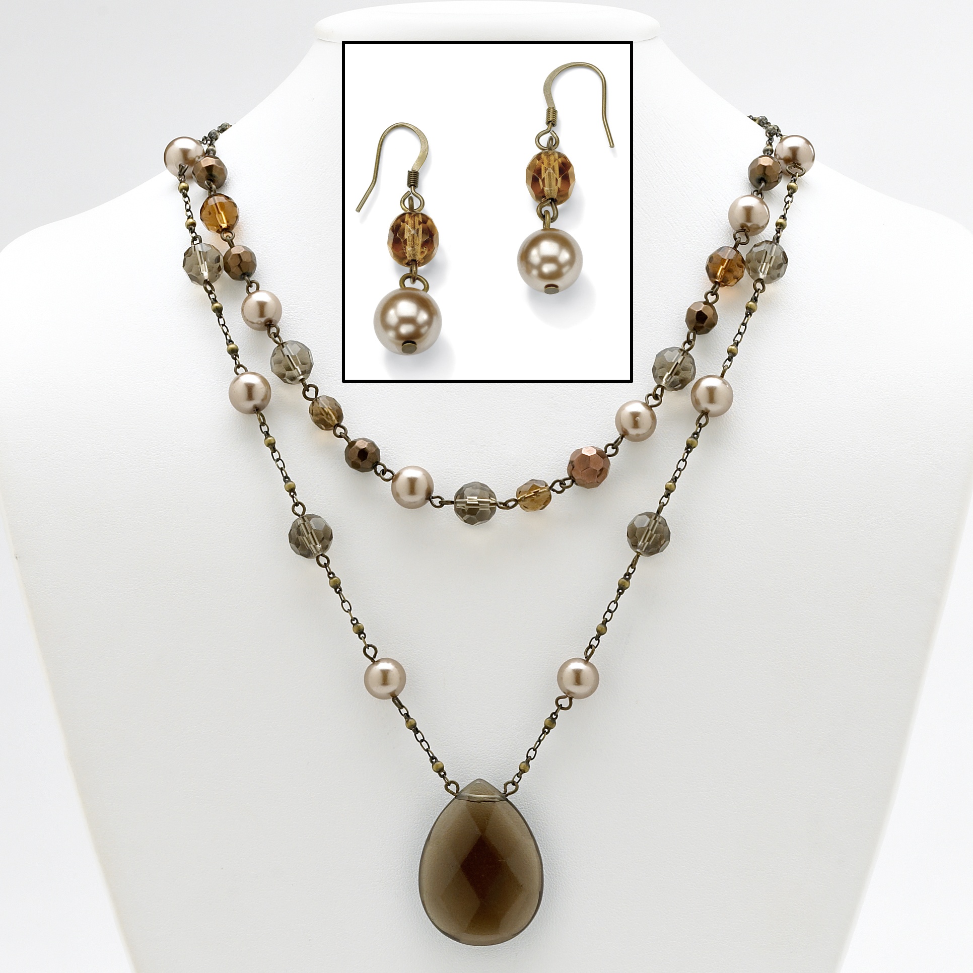 Antiqued 14k Gold-Plated Brown Glass Necklace and Pierced Earring Set
