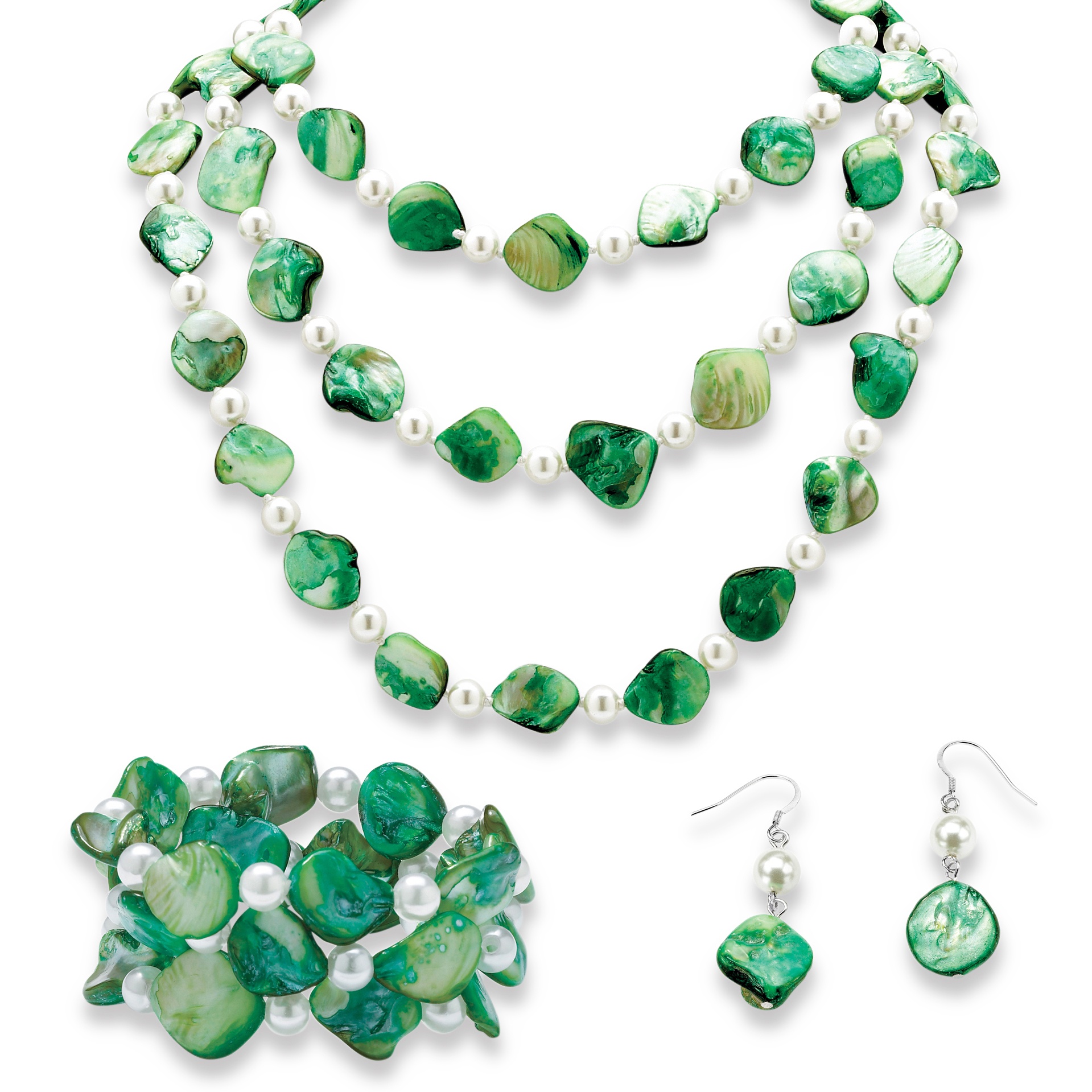 Genuine Green Shell Simulated Pearl Silvertone Metal 60" Necklace, Bracelet and Earrings Set