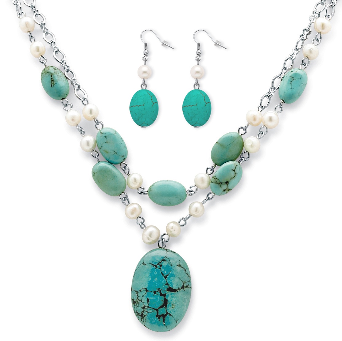 Silver Tone Cultured Freshwater Pearl and Turquoise Necklace and Pierced ...