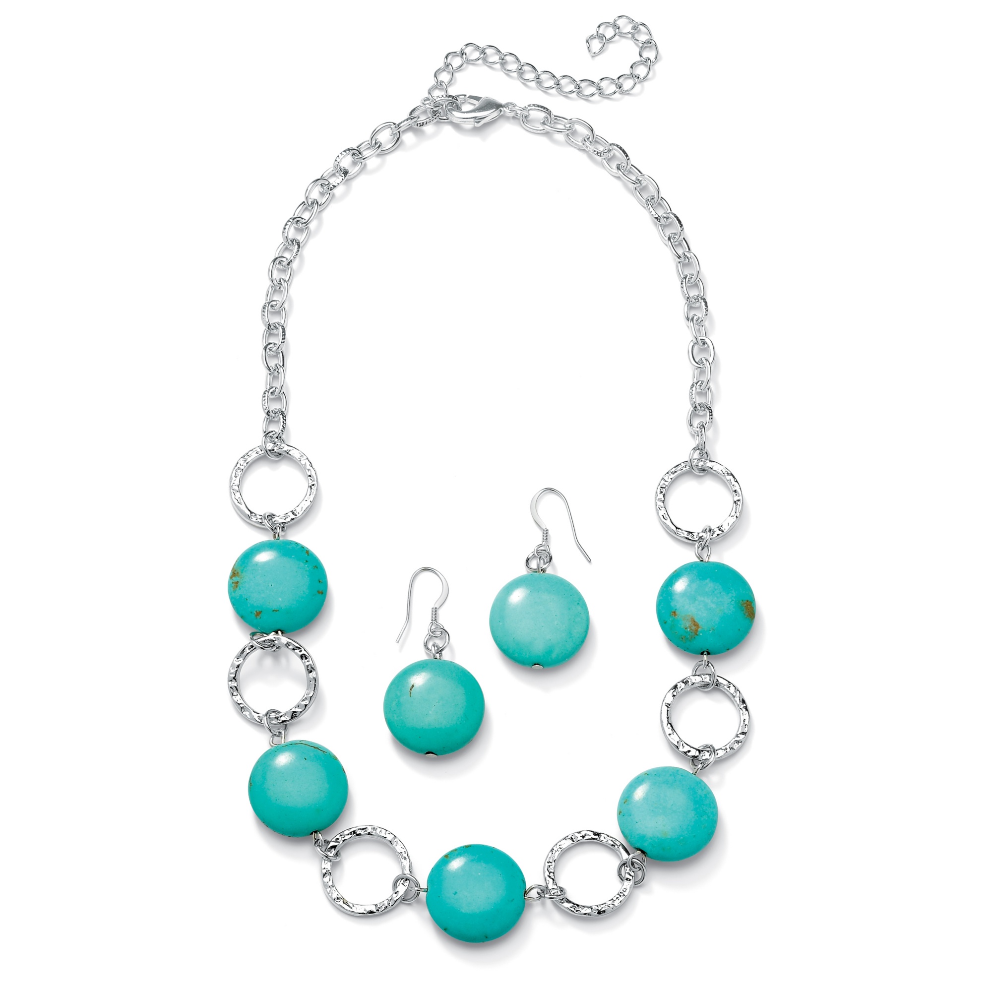 Silver Tone Round Viennese Turquoise Disk Necklace and Pierced Earring Set