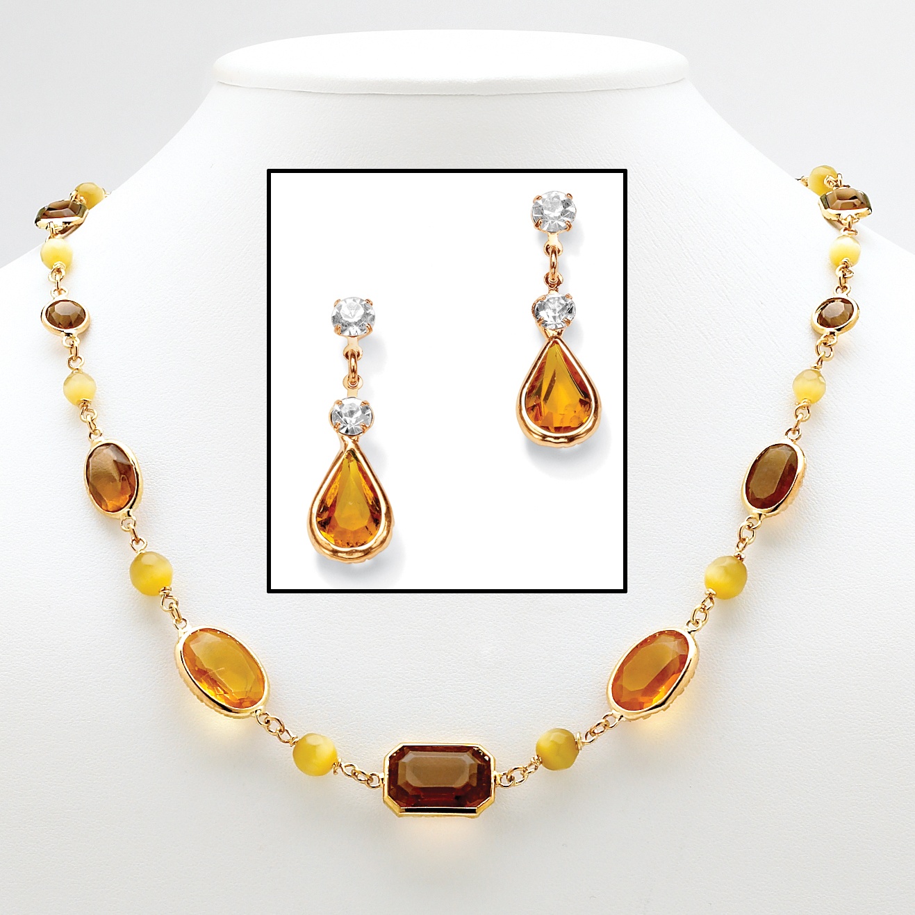 14k Gold-Plated Golden Brown Geometric Cat's-Eye and Rhinestone Necklace and ...
