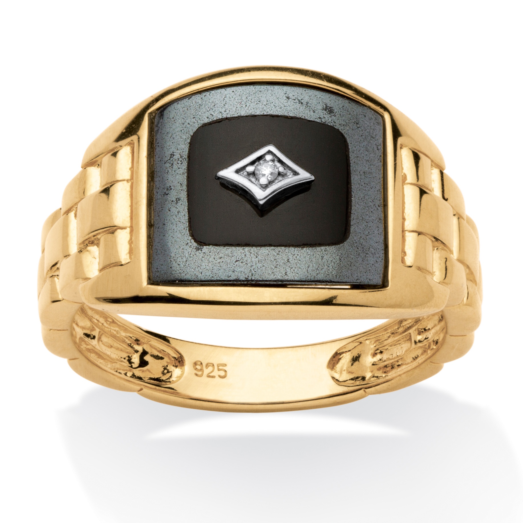 18k Gold over Sterling Silver Reconstituted Onyx and Diamond Accent Ring