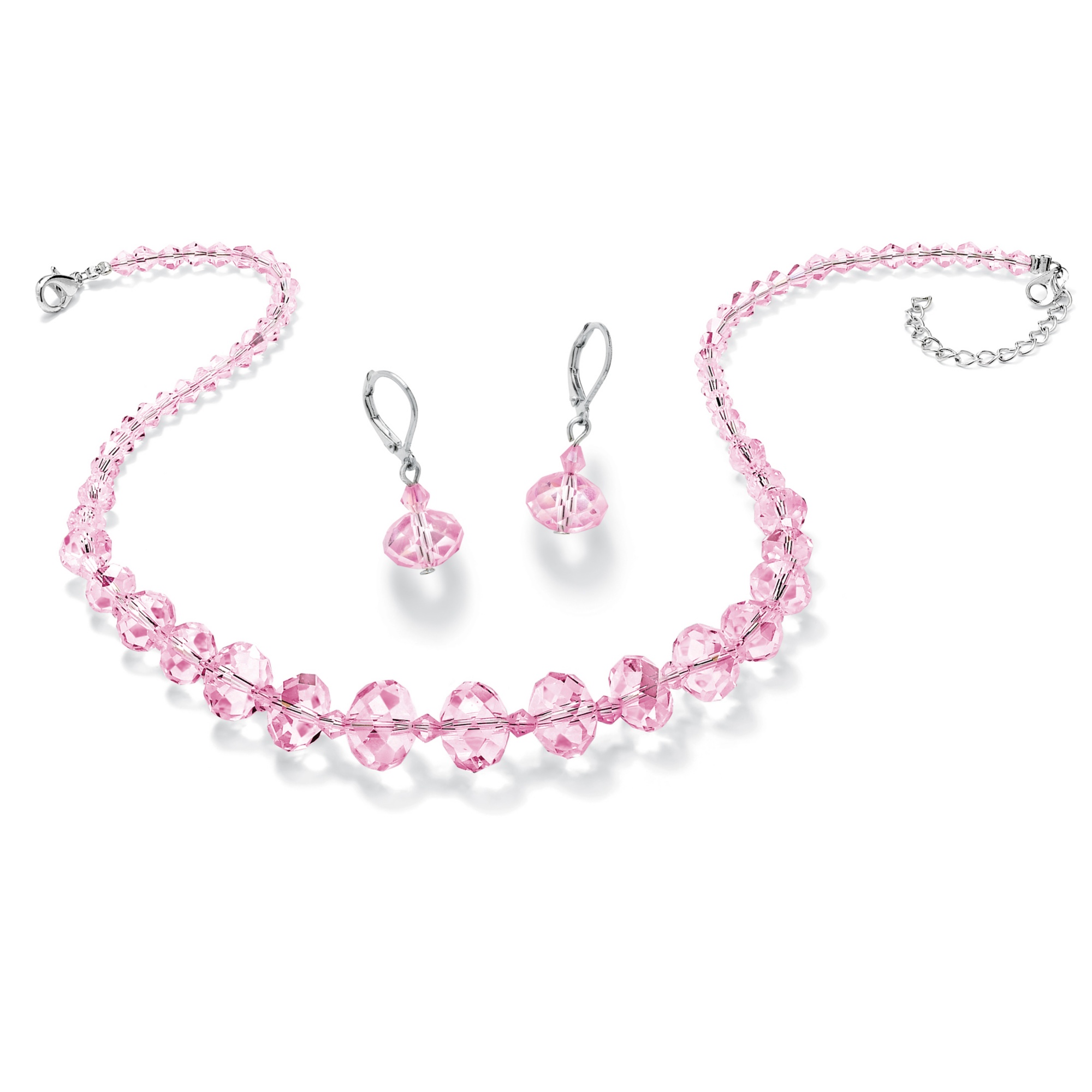 Silver Tone Pink Austrian Crystal Necklace and Pierced Earring Set