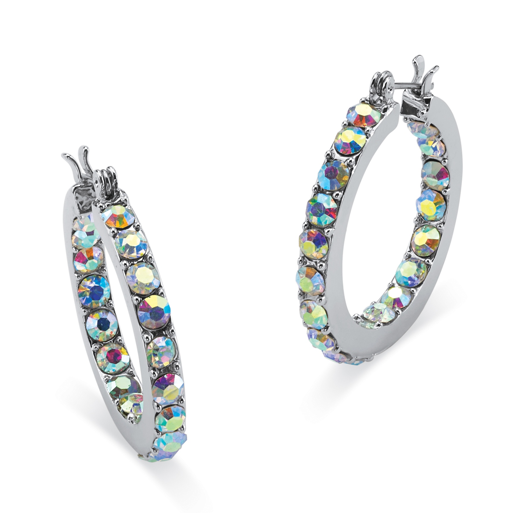 Silver Tone Aurora Borealis Crystal Inside-Out Hoop Pierced Earrings