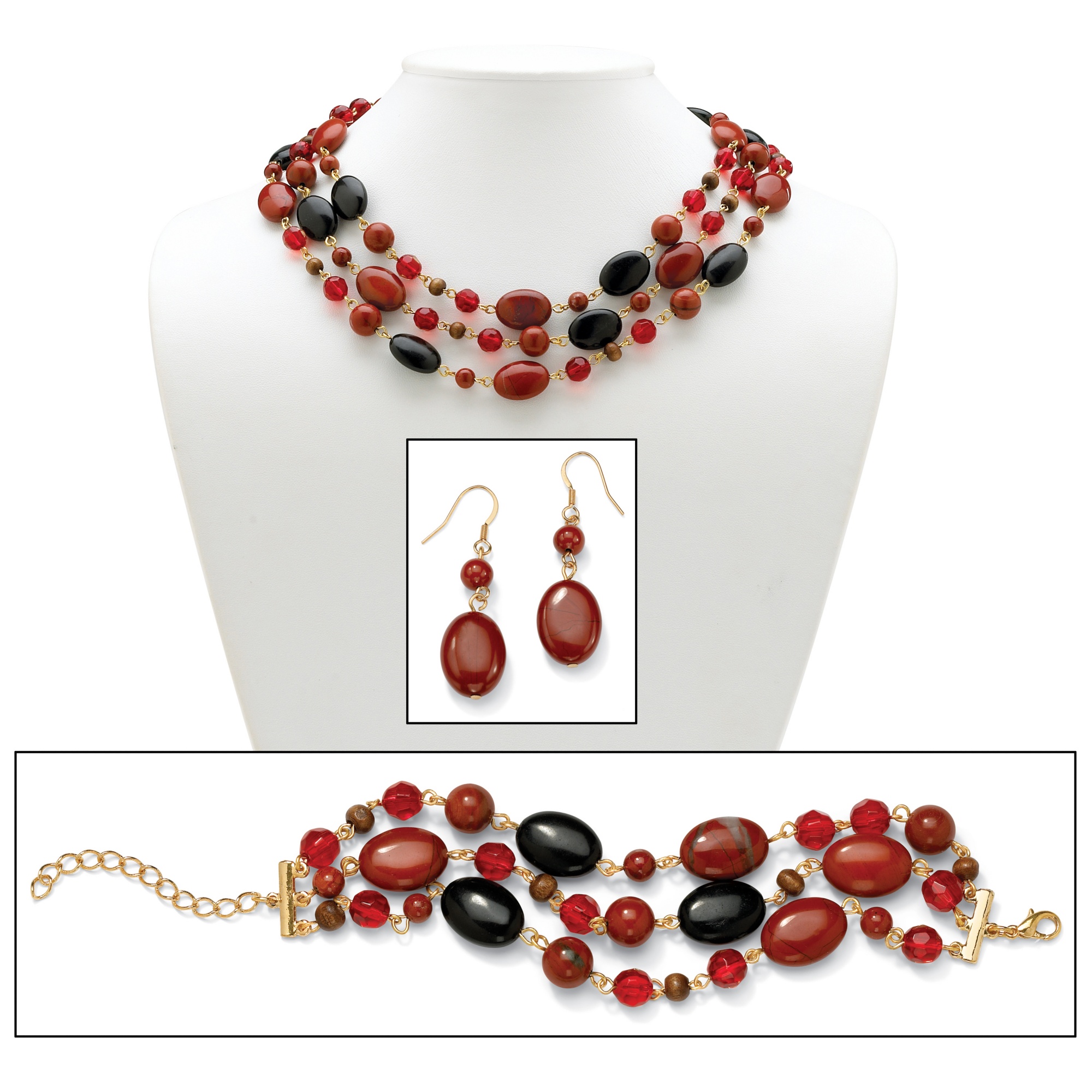 14k Gold-Plated Jasper, Wood, Glass and Lucite Necklace, Bracelet and Pierced...