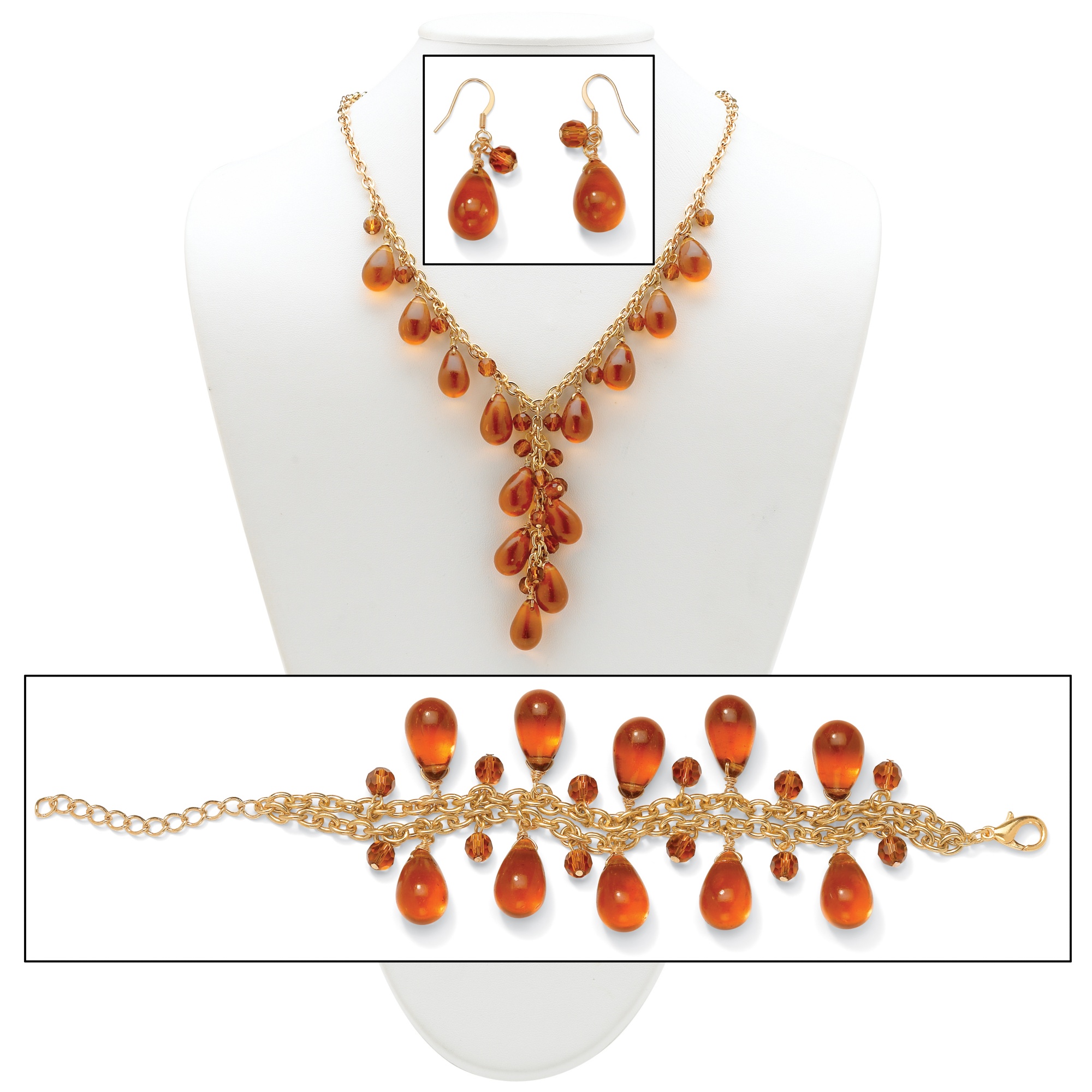 14k Gold-Plated Amber-Colored Glass Necklace, Bracelet and Pierced Earring Set