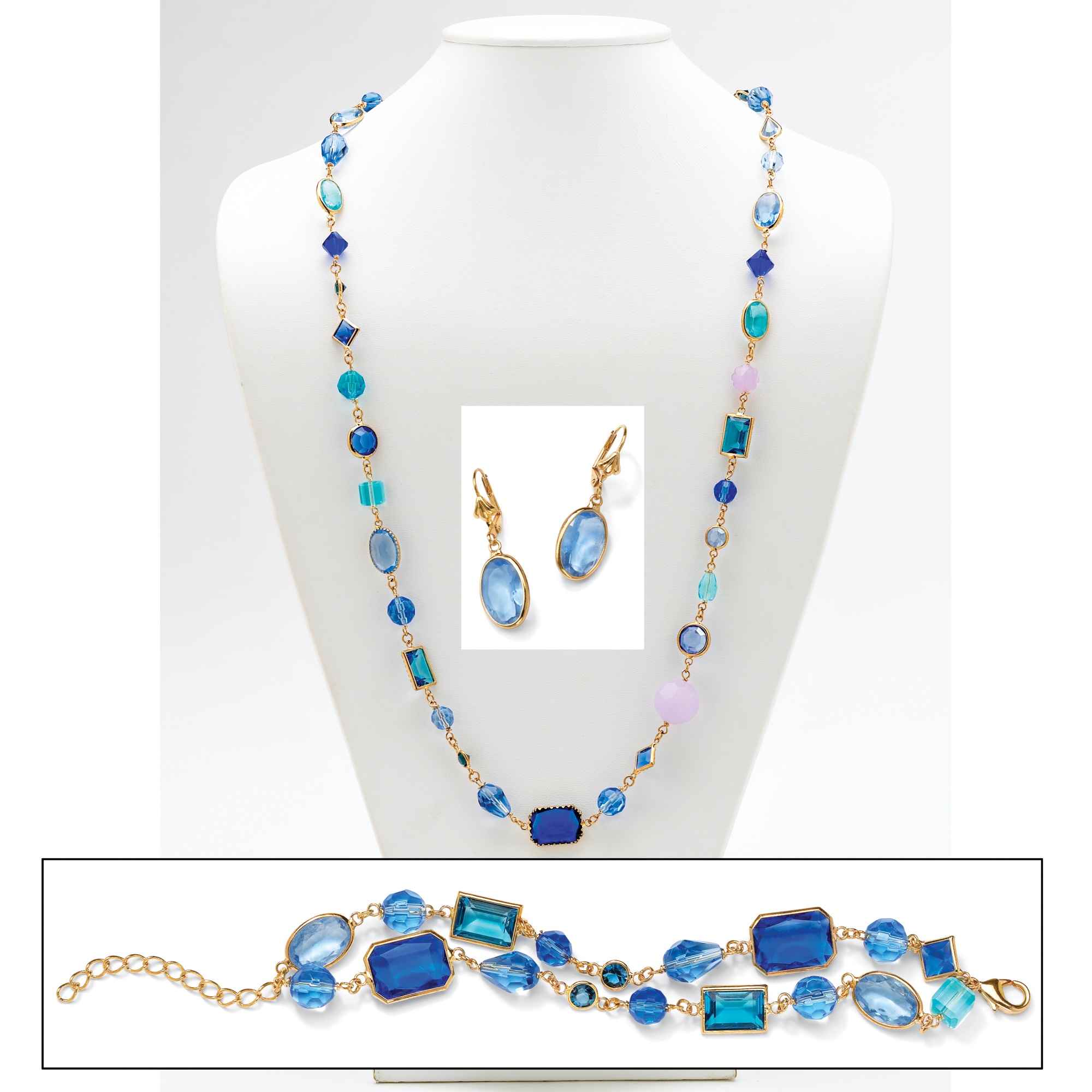 14k Gold-Plated Blue Beaded Necklace, Bracelet and Pierced Earring Set