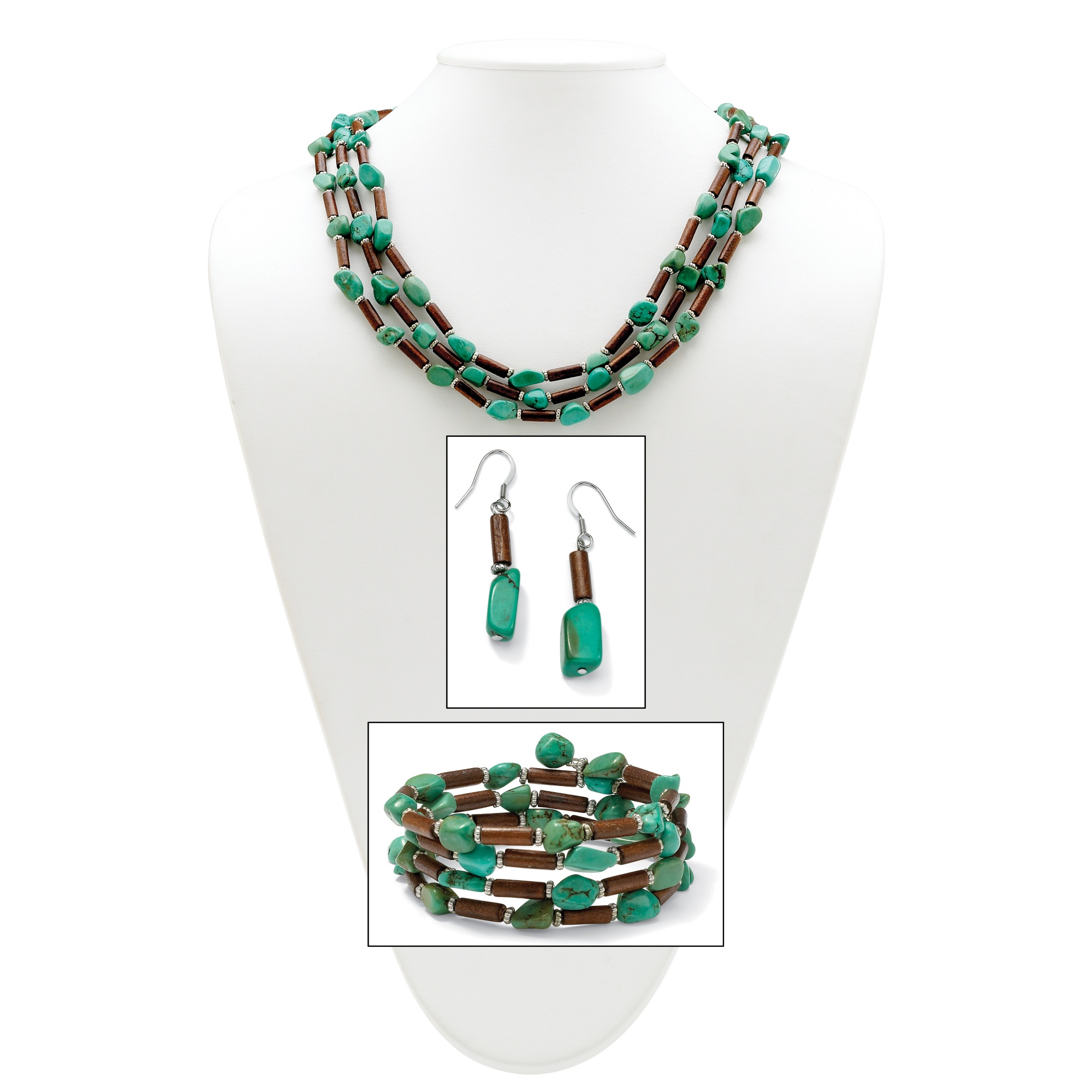 Silver Tone Viennese Turquoise and Wood Necklace, Bracelet and Pierced ...