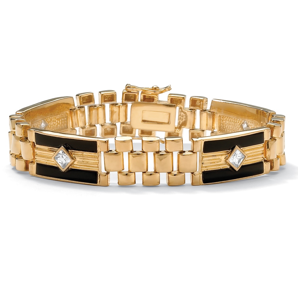 14k Gold-Plated Men's Onyx and DiamonUltra&trade; Cubic Zirconia Bracelet