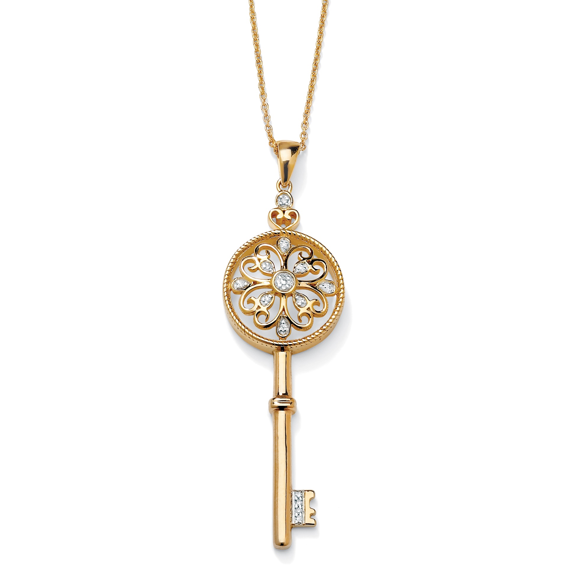 18k Gold over Sterling Silver Diamond Circle Key Pendant with Chain