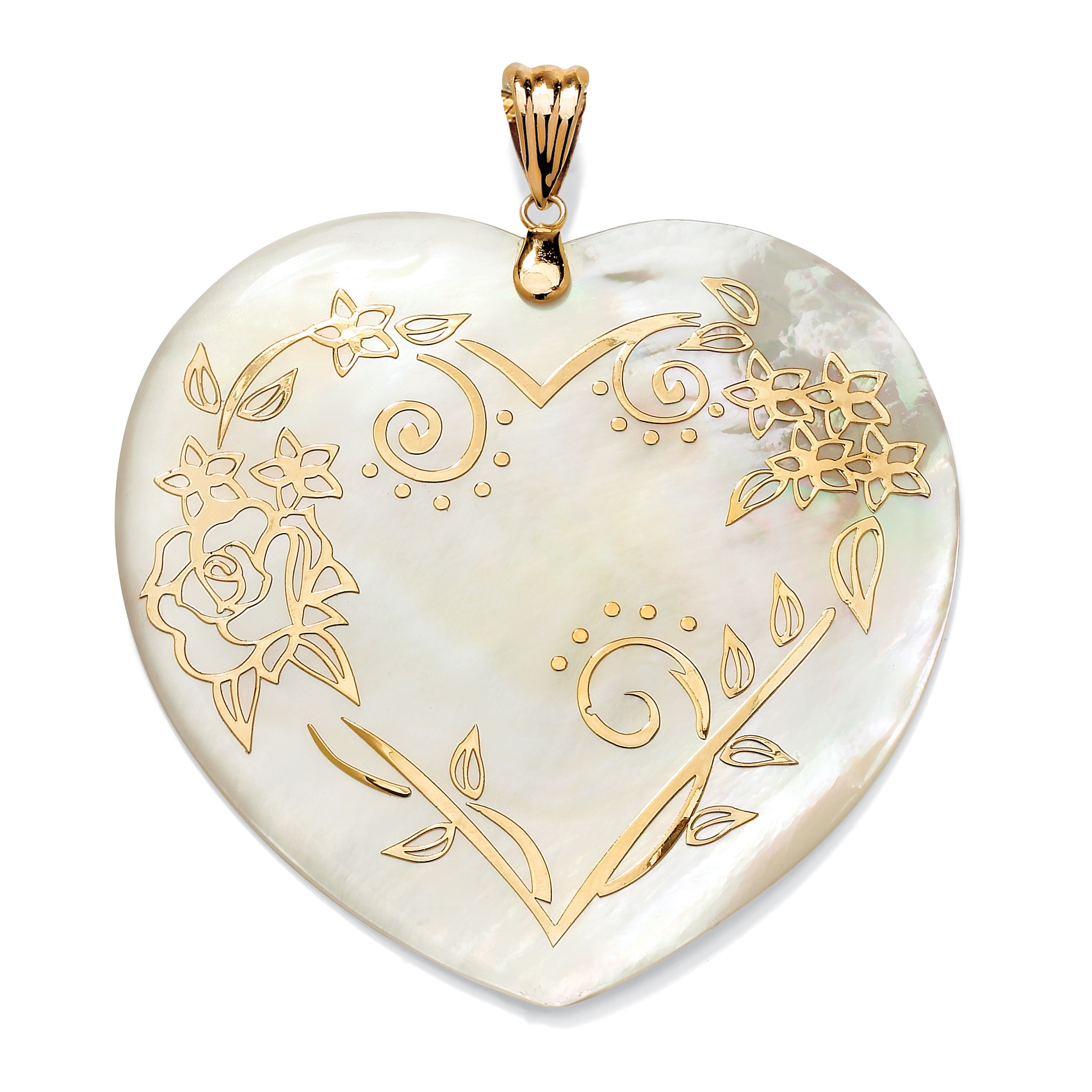 14k Gold Heart-Shaped Mother-of-Pearl Floral Motif Pendant