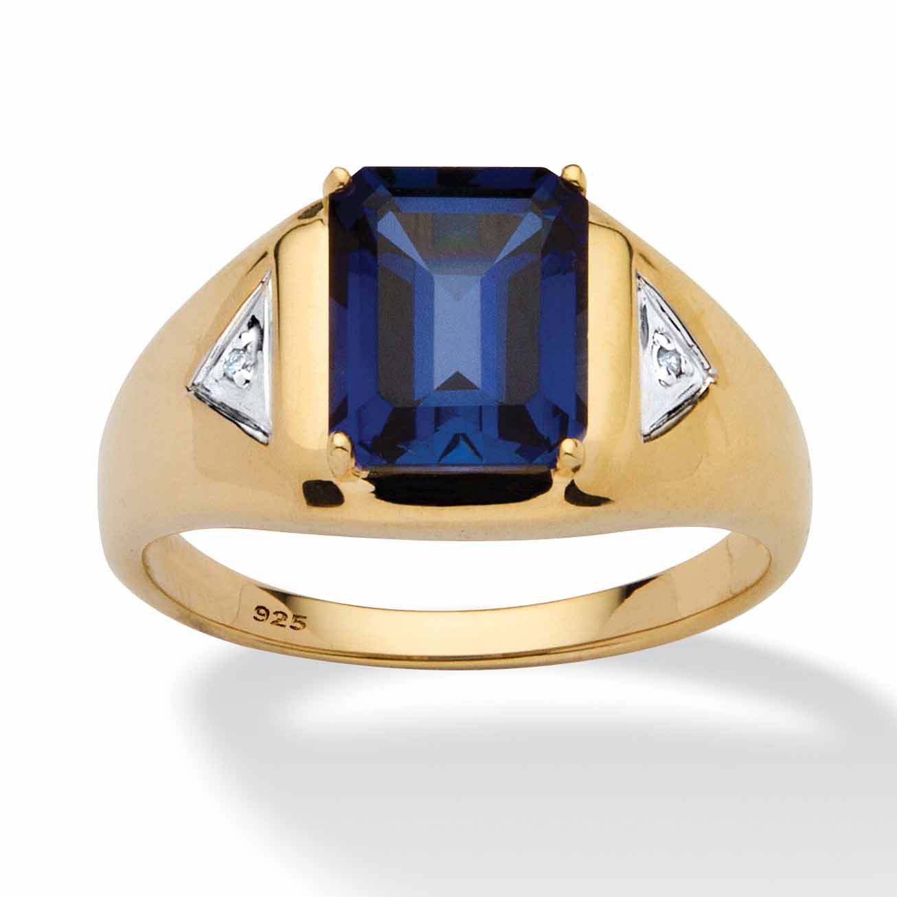 18k Gold over Sterling Silver Men's Lab-Created Blue Sapphire and Diamond ...