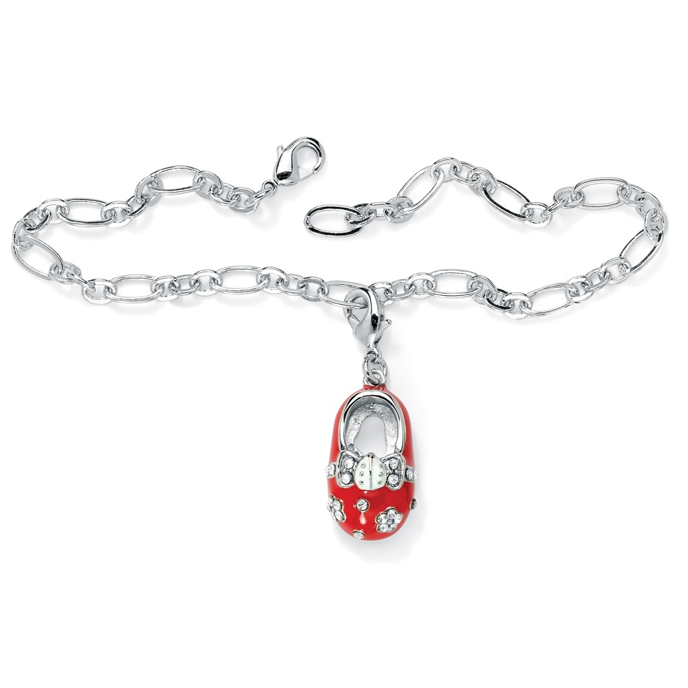 Enamel Simulated Birthstone Silvertone Metal Baby Shoe Charm Pendant with FREE Bracelet