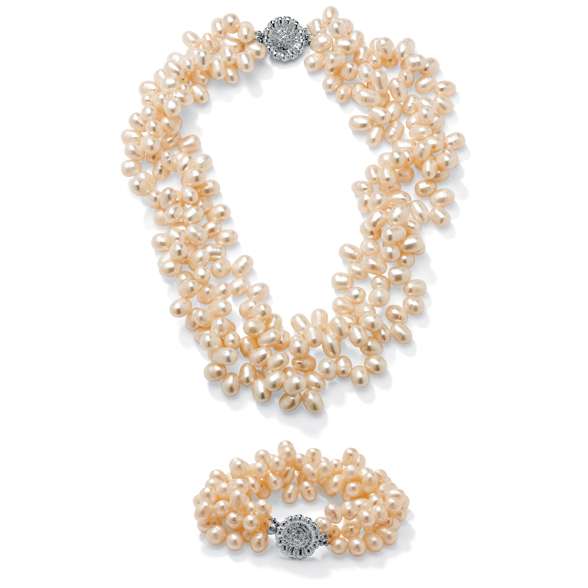 Peach-Color Cultured Freshwater Pearl Silvertone Metal Accents Bracelet and Necklace Set