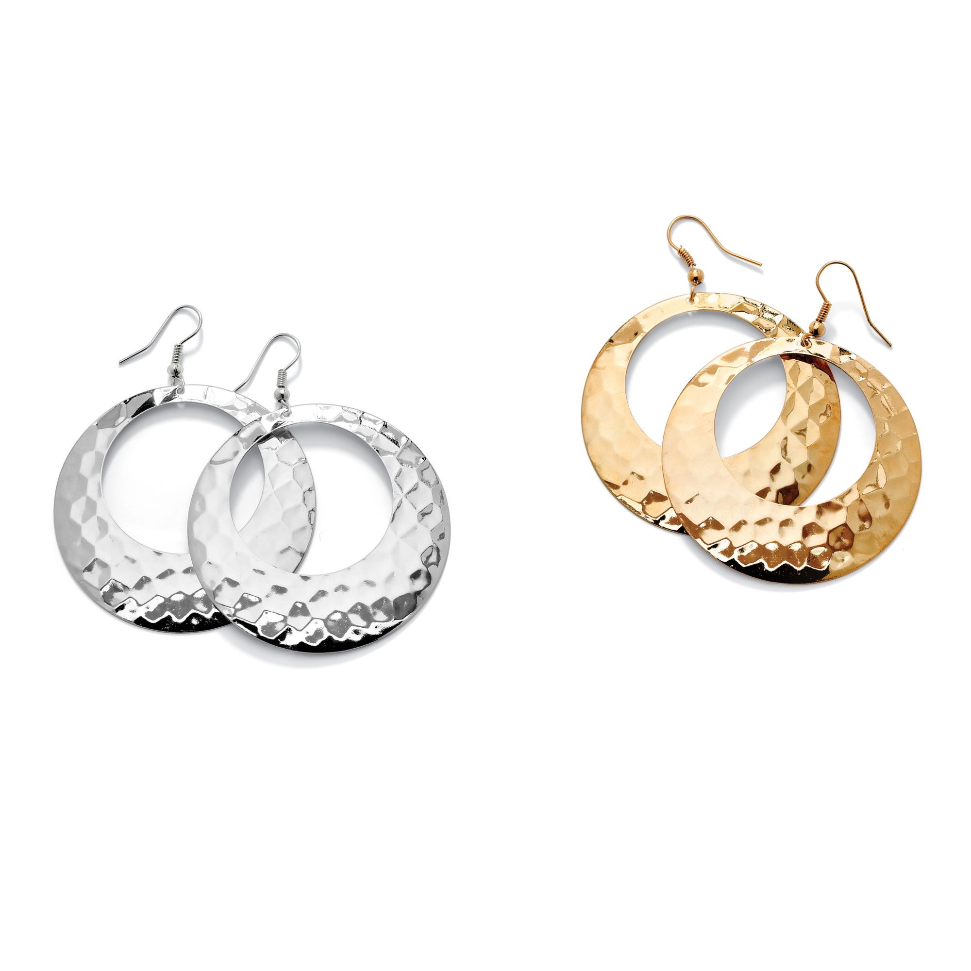 Goldtone and Silvertone Metals Two-Pair Set of Hammered-Style Hoop Drop ...