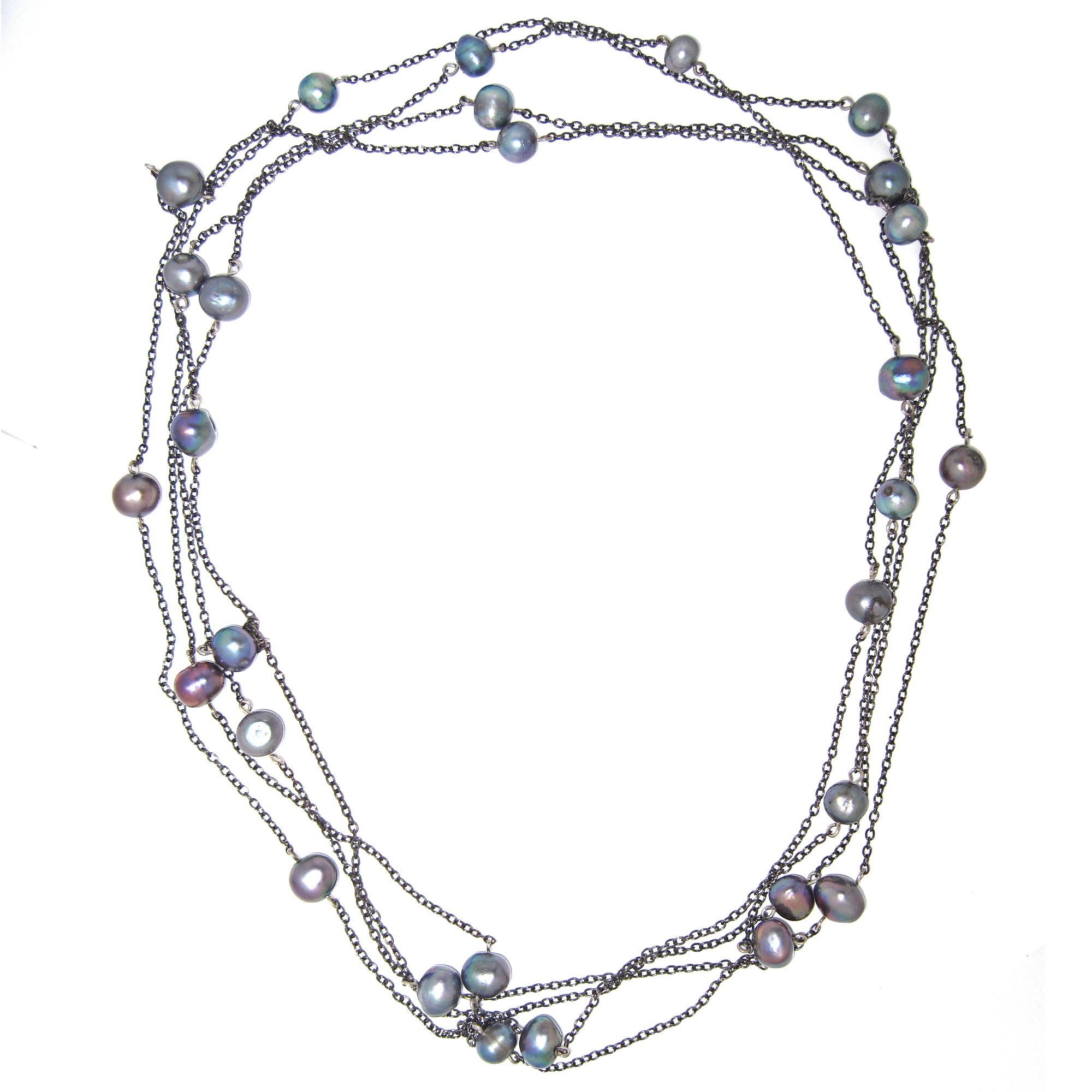 Black Ruthenium Finish Cultured Freshwater Peacock Pearl Station Necklace