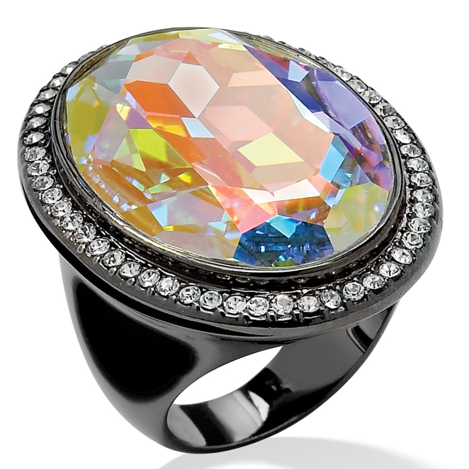 Black Ruthenium Finish Aurora Borealis and White Crystal Ring