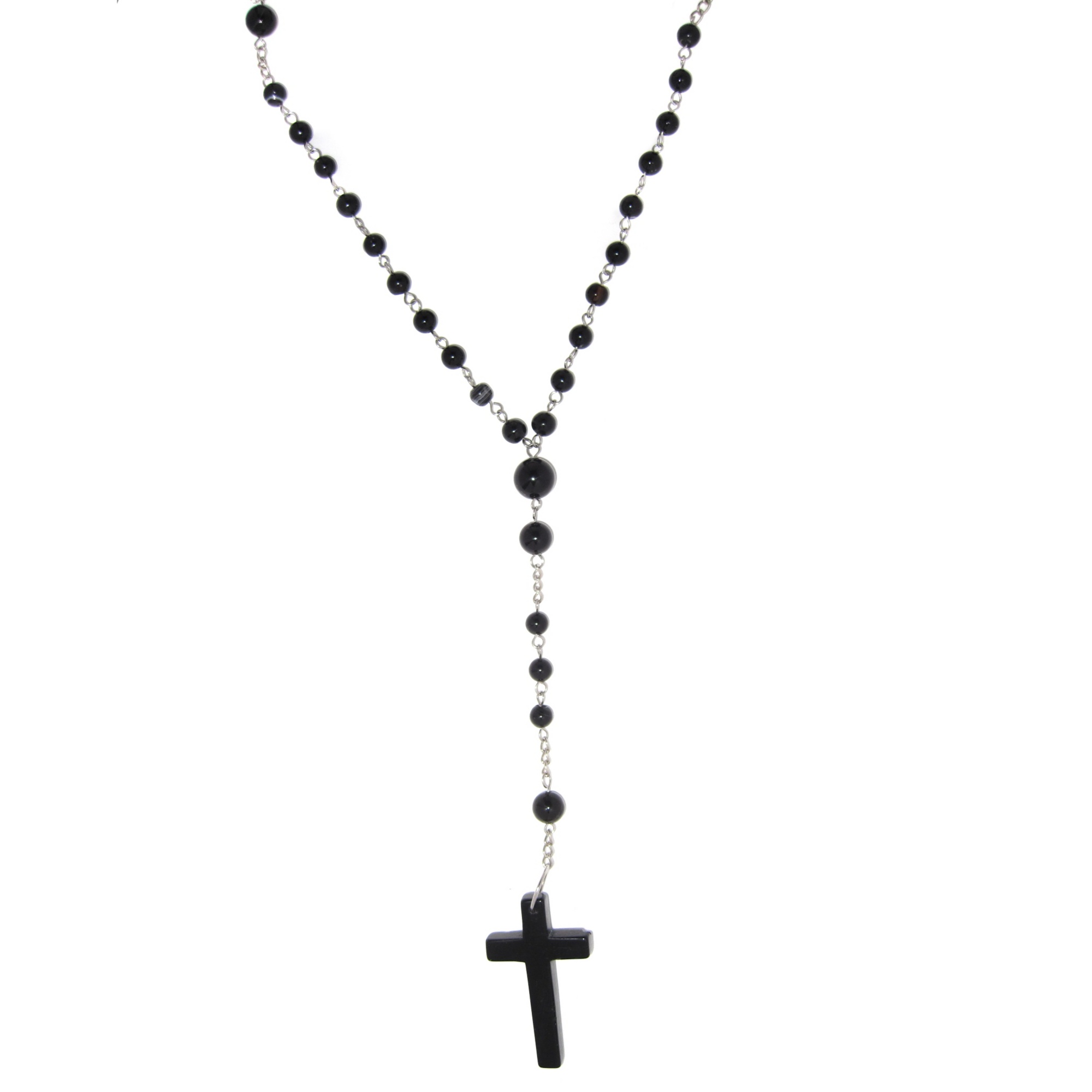 Silvertone Metal Onyx Rosary Bead Necklace
