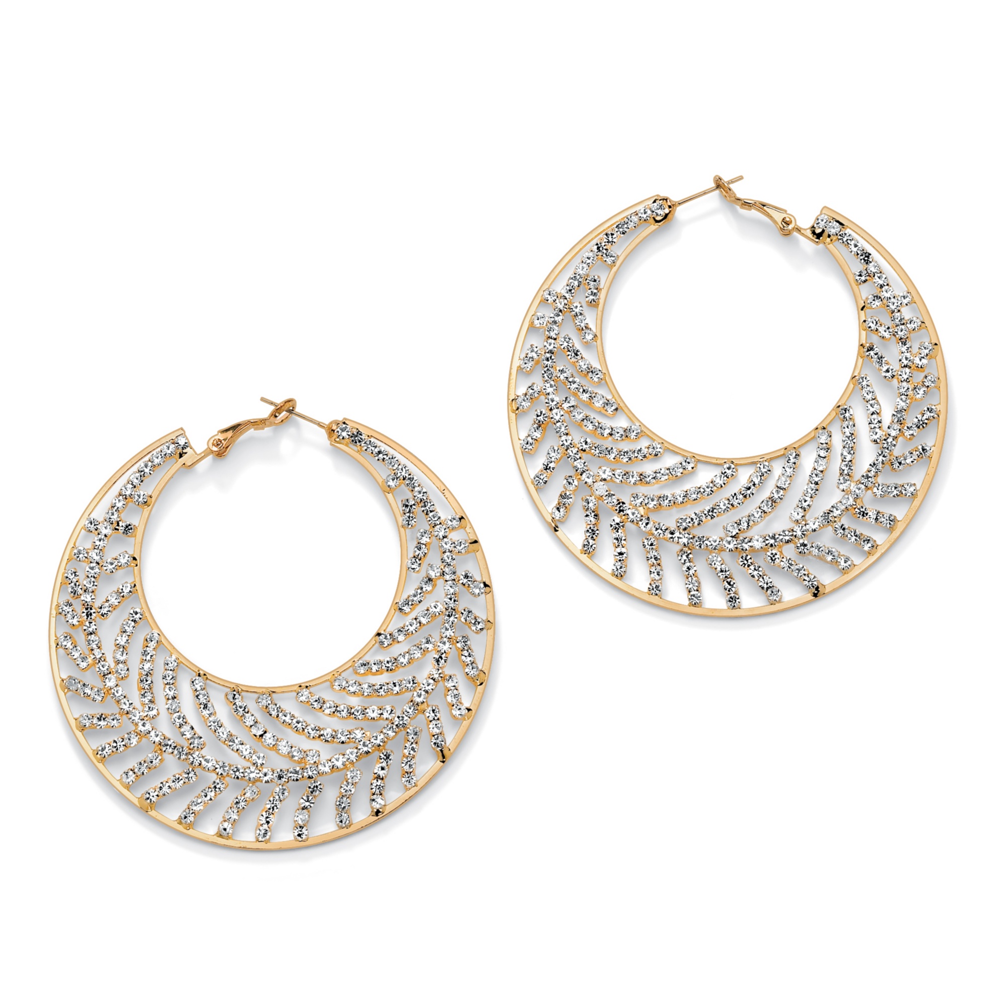 Gold Tone Crystal Leaf Hoop Pierced Earrings