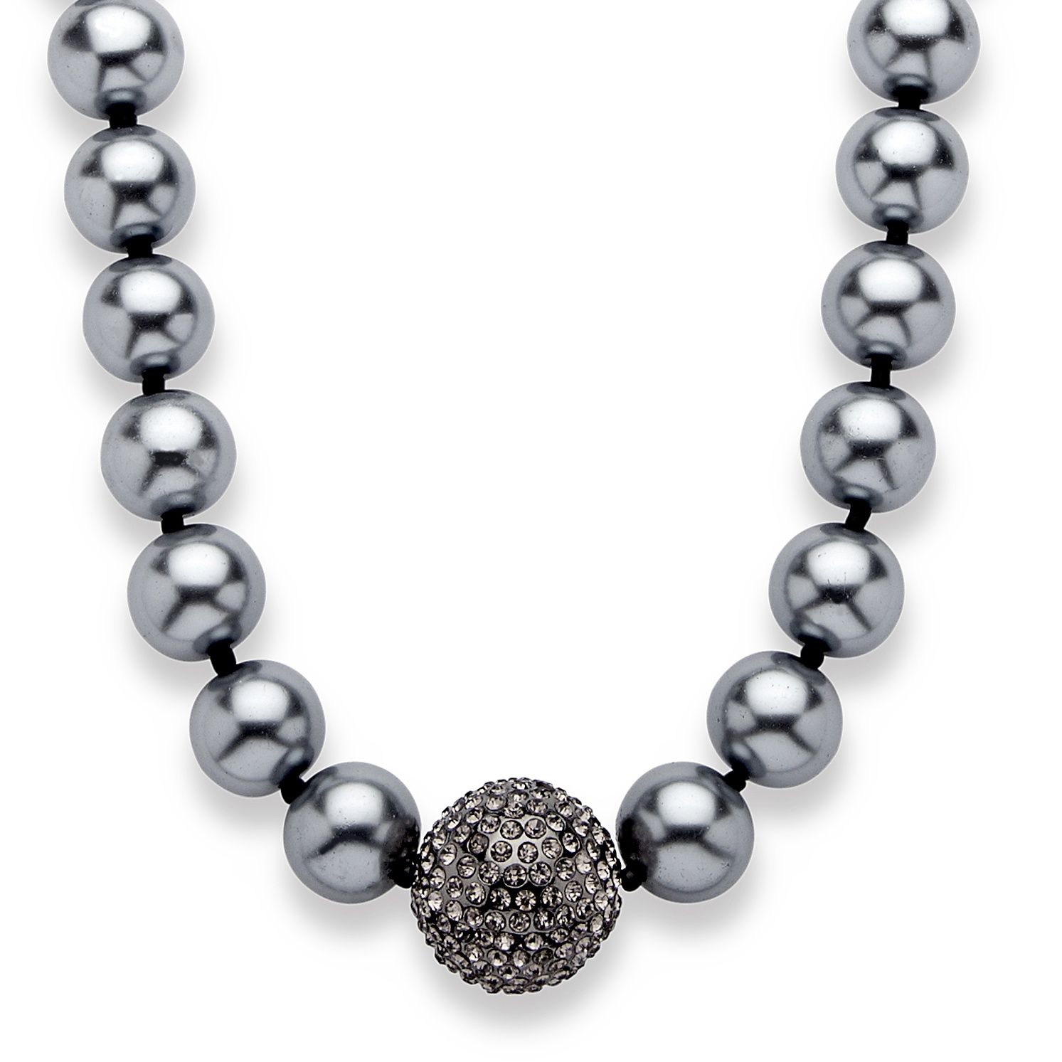 Black Ruthenium Finish Grey Simulated Pearl and Crystal Necklace