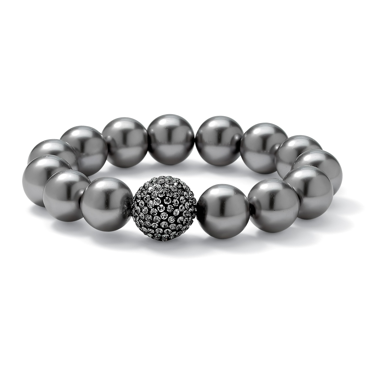Black Ruthenium Finish Grey Simulated Pearl and Crystal Bracelet