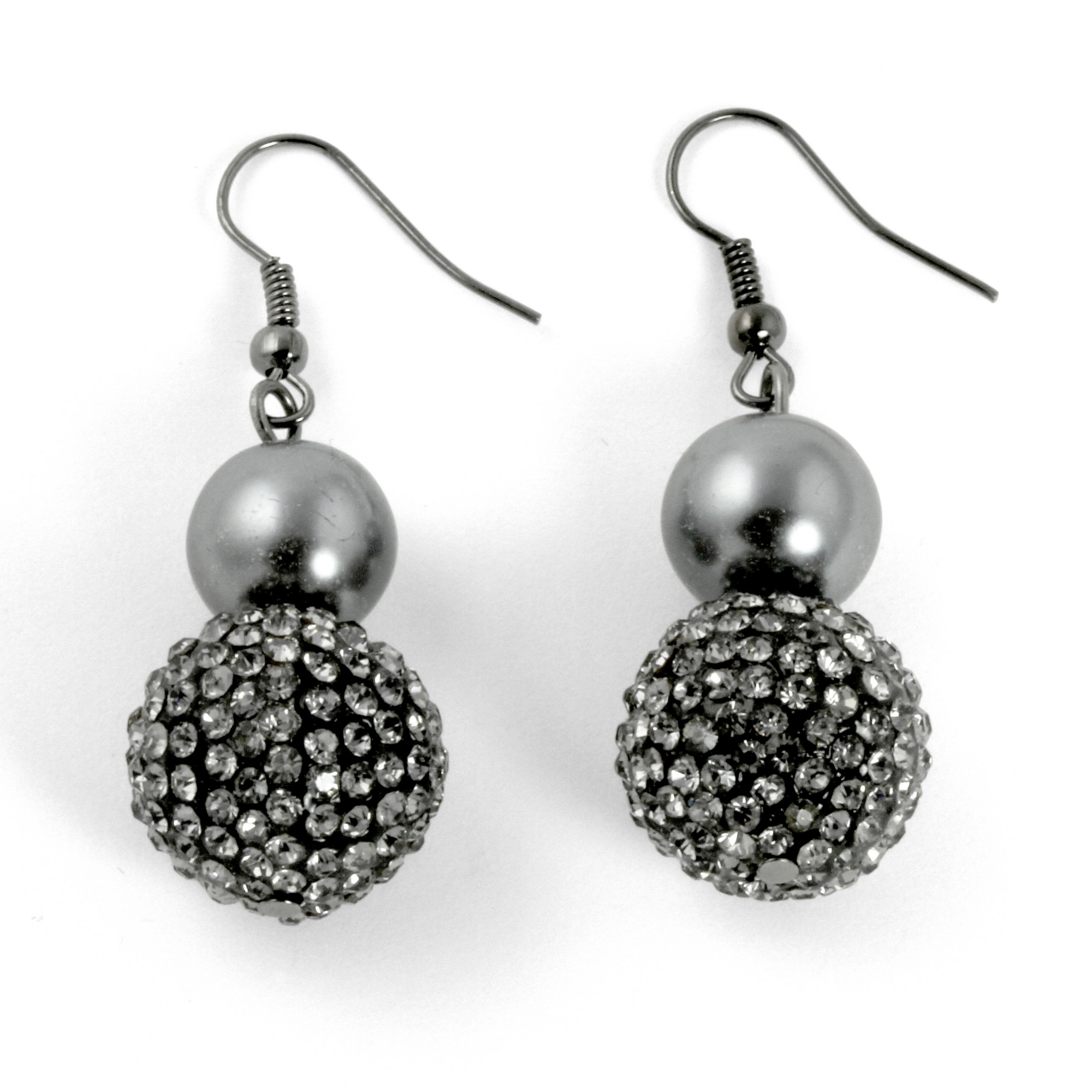 Black Ruthenium Finish Grey Simulated Pearl and Crystal Drop Pierced Earrings