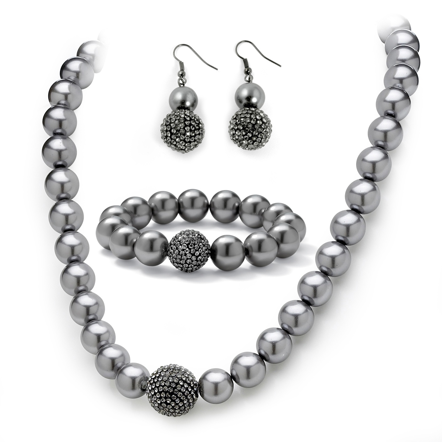 Black Ruthenium Finish Grey Simulated Pearl and Crystal Necklace, Bracelet ...
