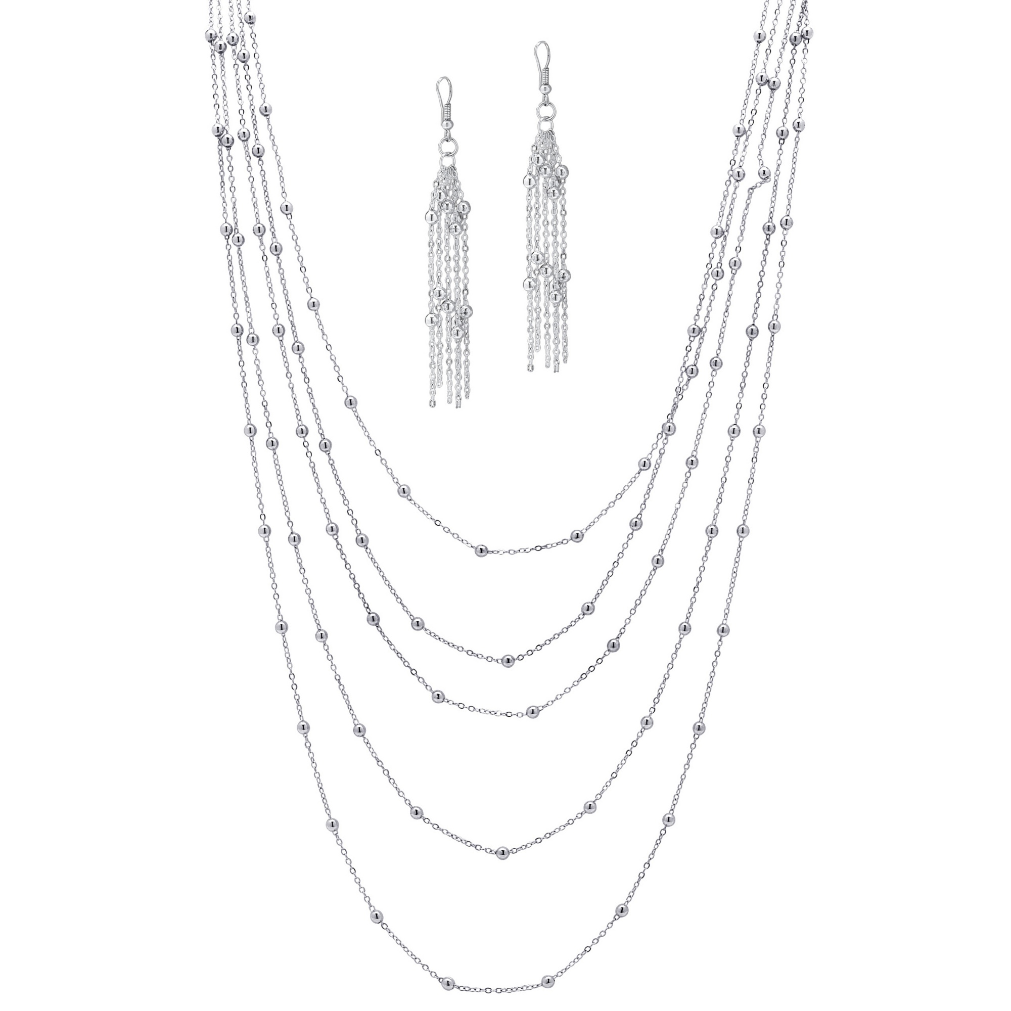 Silver Tone Multi-Chain Beaded Station Necklace and Pierced Earring Set