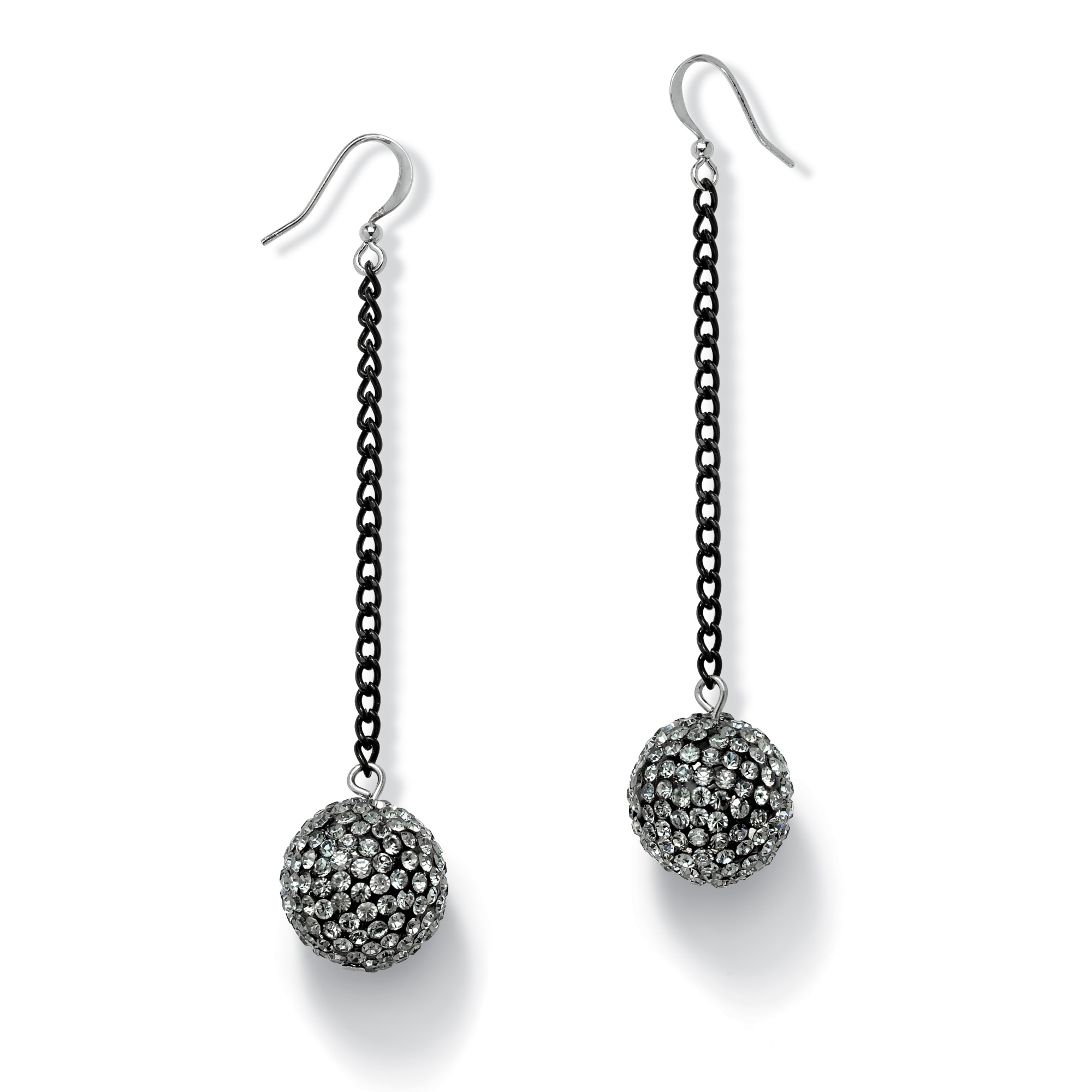 Round Grey Multi-Crystal Black Ruthenium-Plated Ball and Chain Drop Earrings