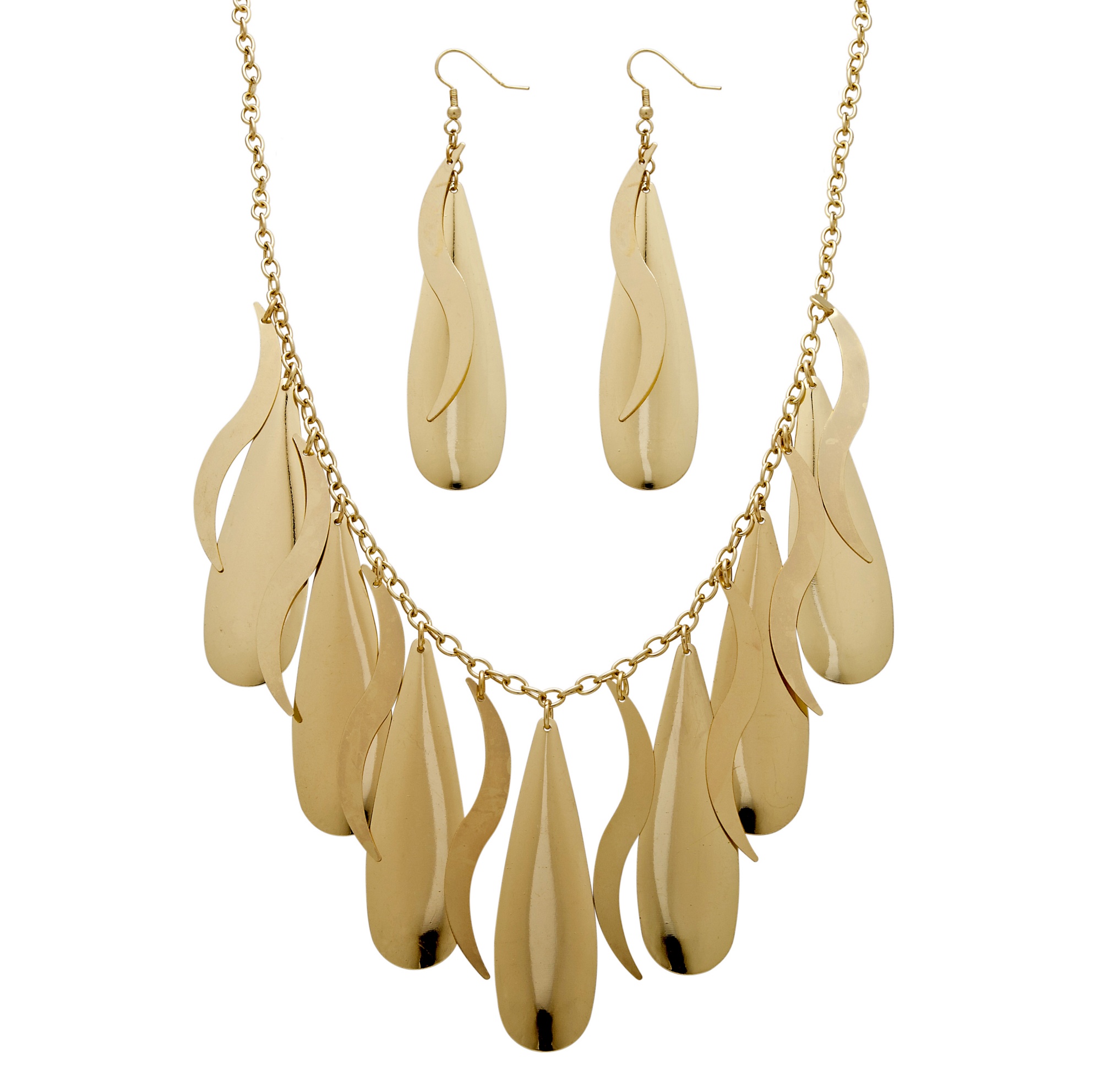 Gold Tone Multi-Disk Drop Necklace and Pierced Earring Set