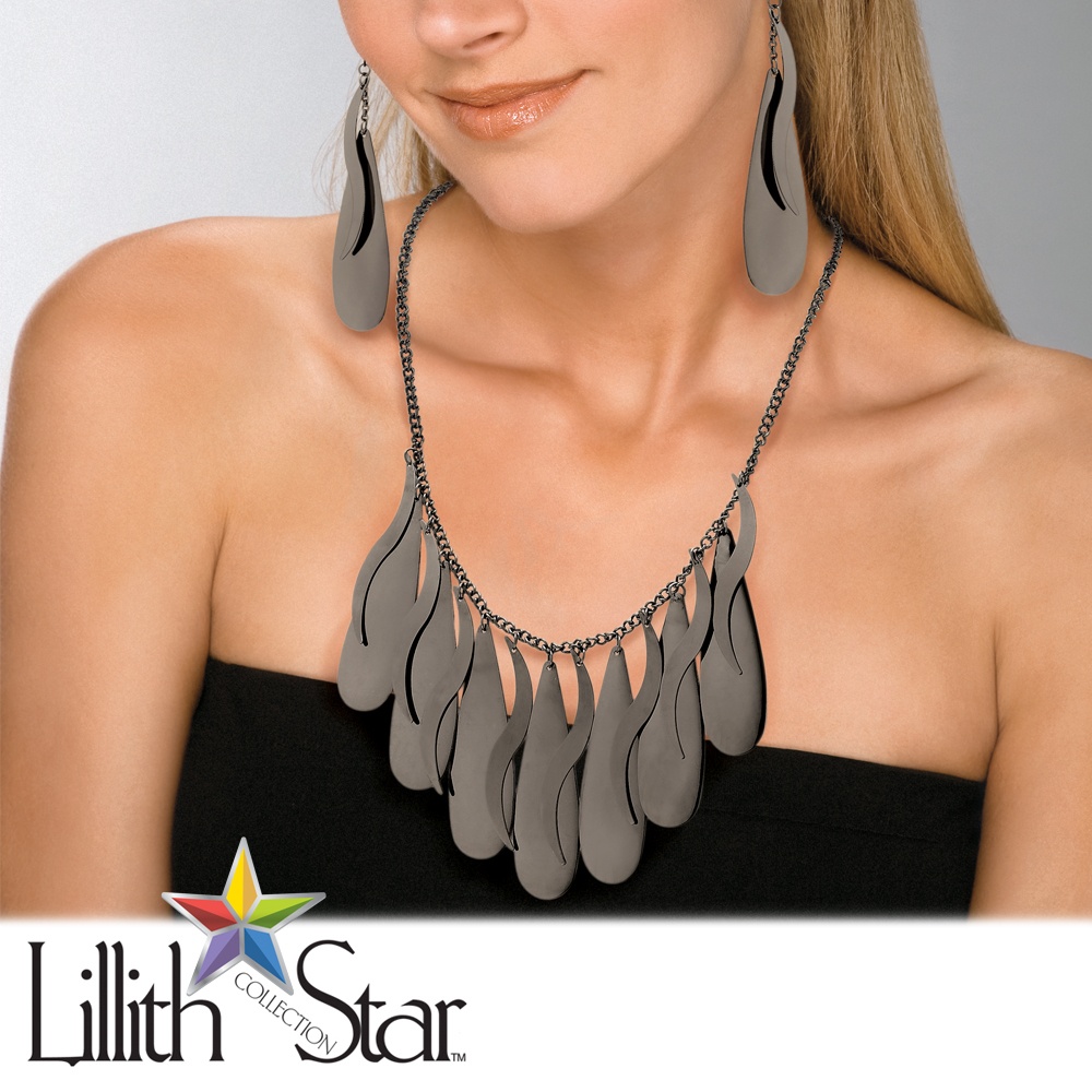 Black Ruthenium Finish Multi-Disk Drop Necklace and Pierced Earring Set