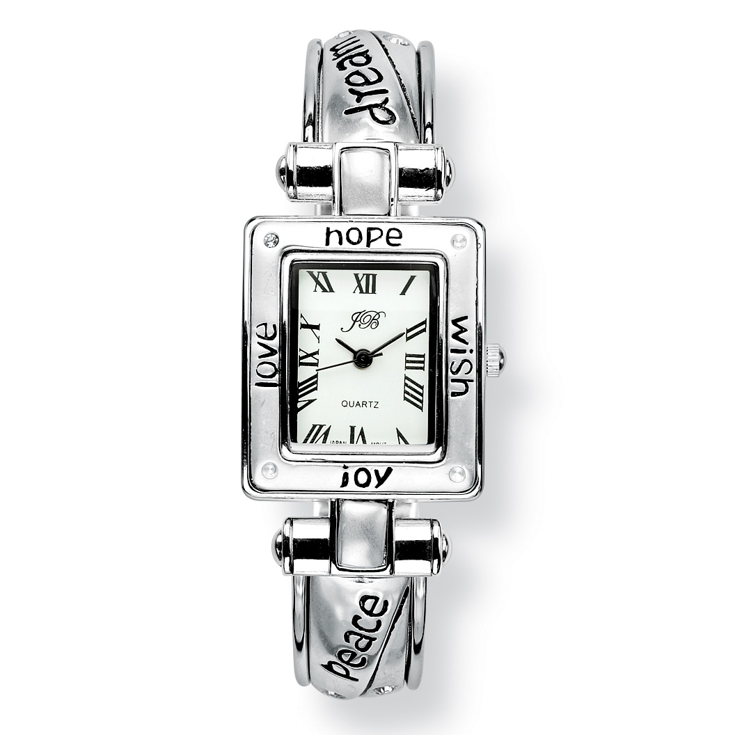 Silver Tone Crystal Inspirational Cuff Bracelet-Watch
