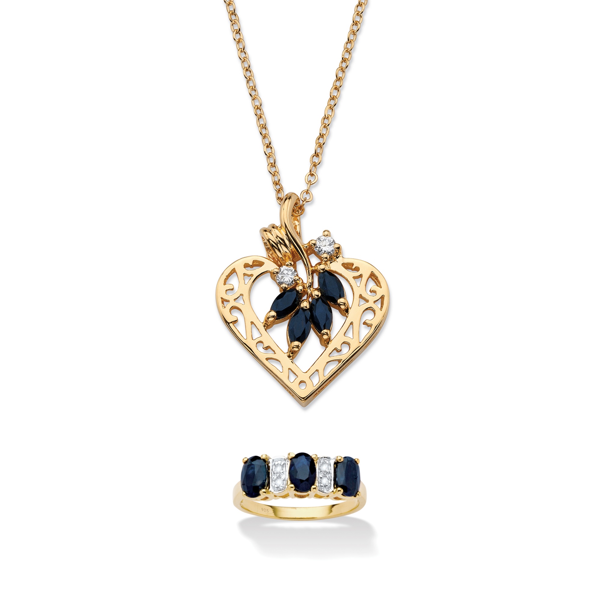 18k Gold Over Silver/Goldtone Sapphire Women's Ring and Pendant Set