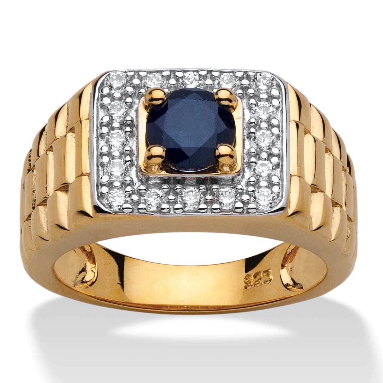 Men's 1.05 Carat Round Genuine Midnight Blue Sapphire 18k Yellow Gold Over Sterling Silver Classic Ring