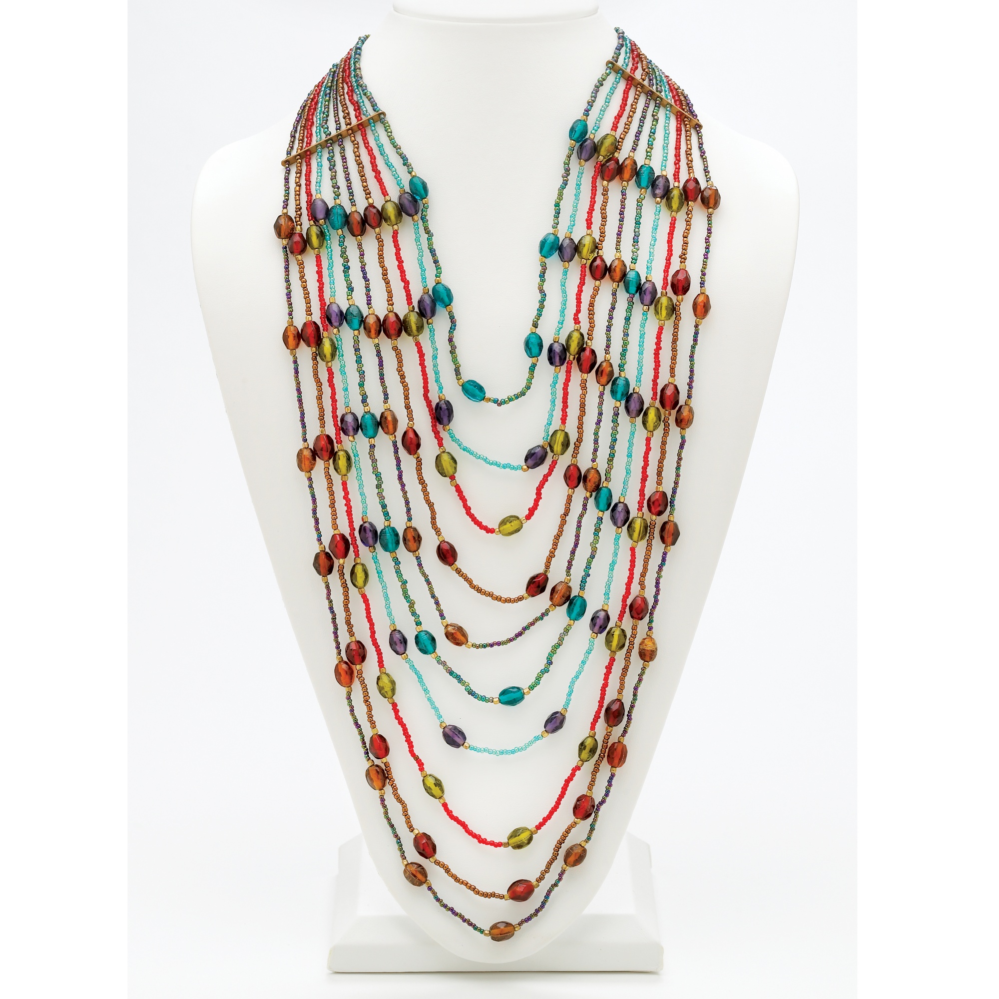 Goldtone Metal Multi-Colored Glass Beaded Bib Necklace