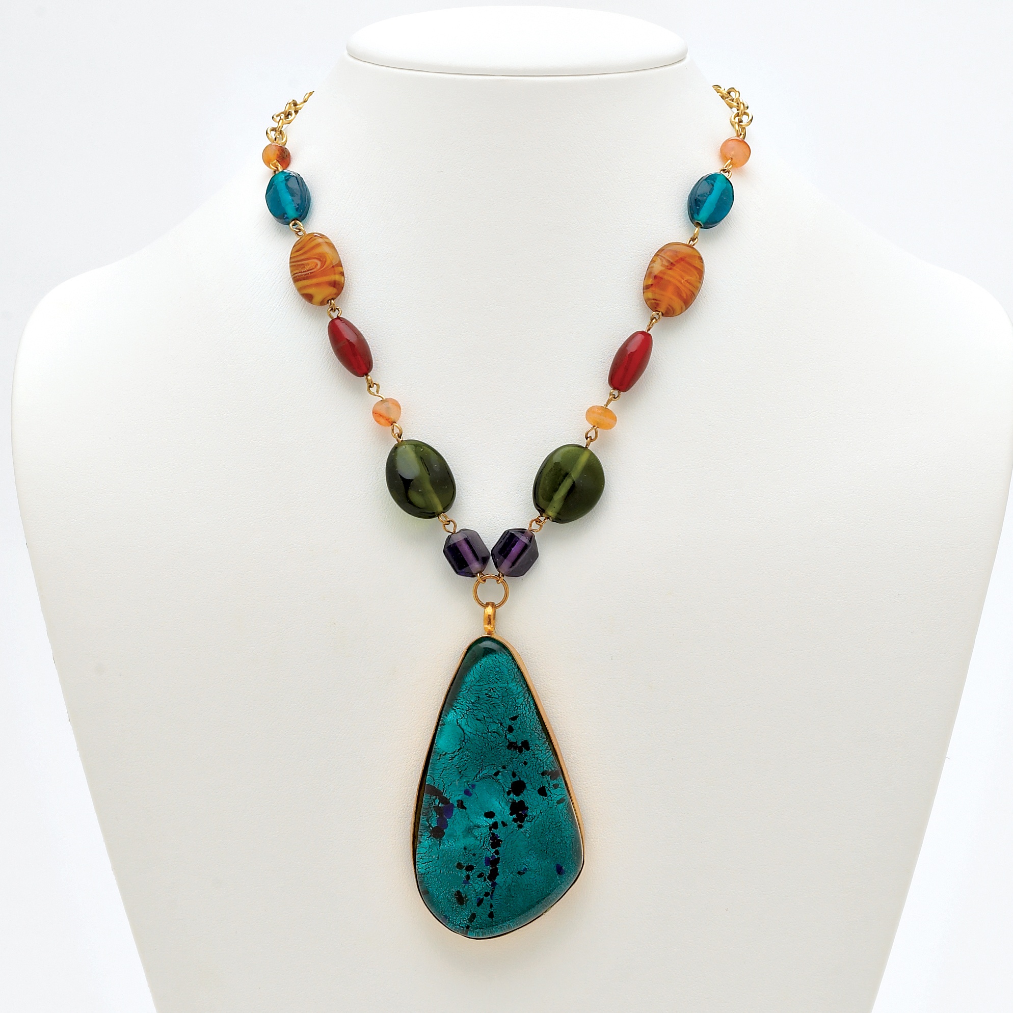 Goldtone Metal Multi-Colored Glass Beaded Pendant-Necklace