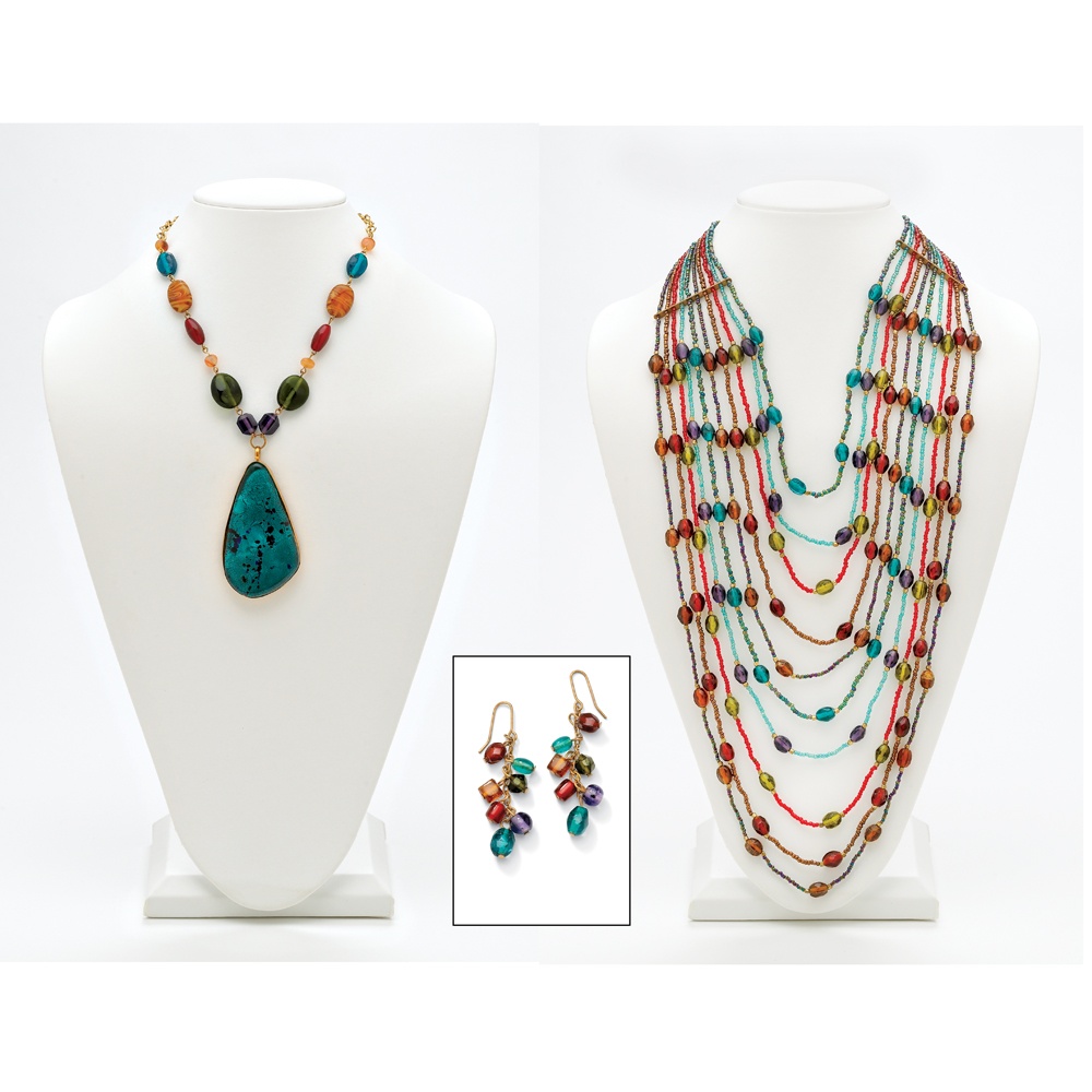 Goldtone Multi-Colored Glass Barrel and Bead Necklace and Pierced Earring Set