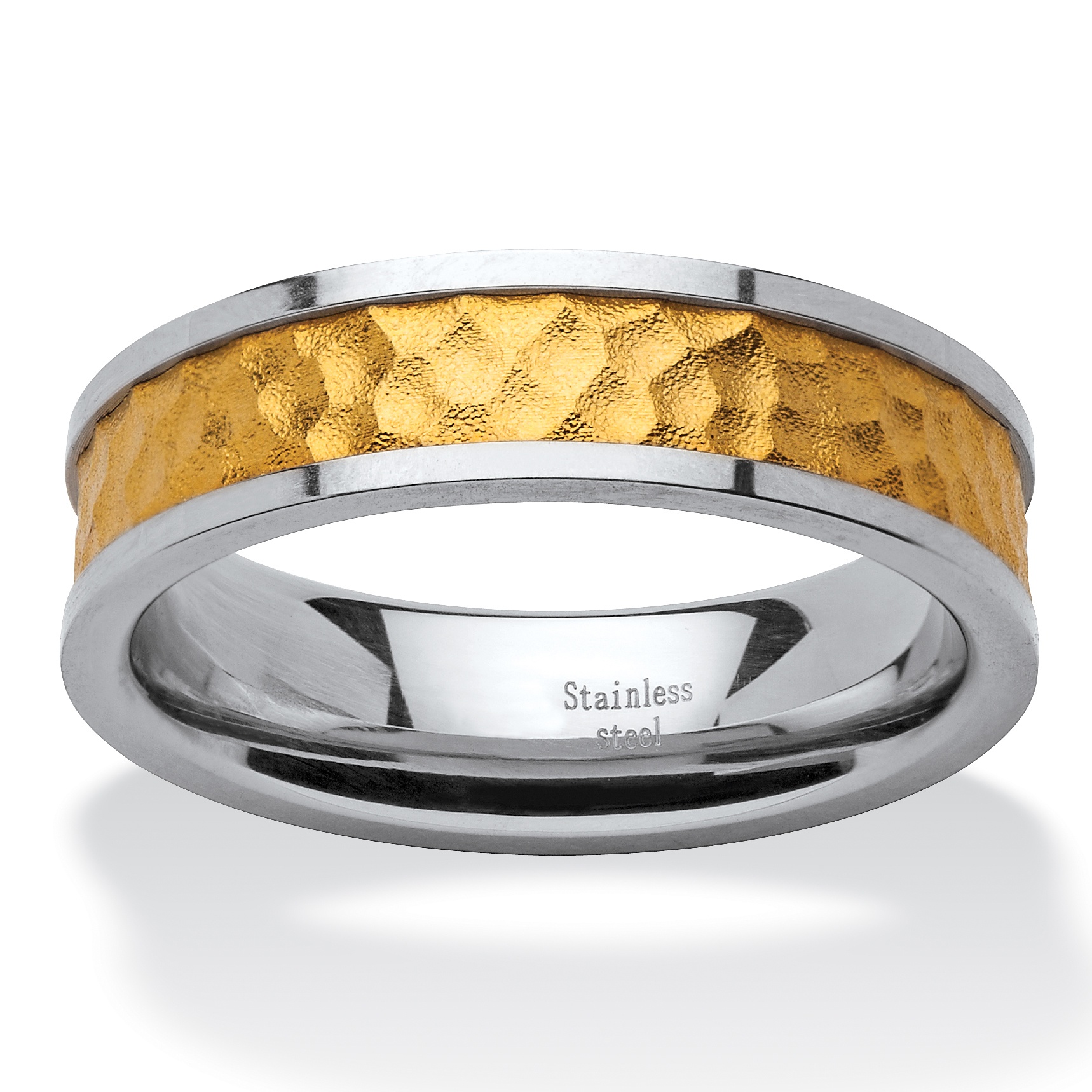 18k Gold Inlay & Stainless Steel Hammered-Style Band Ring
