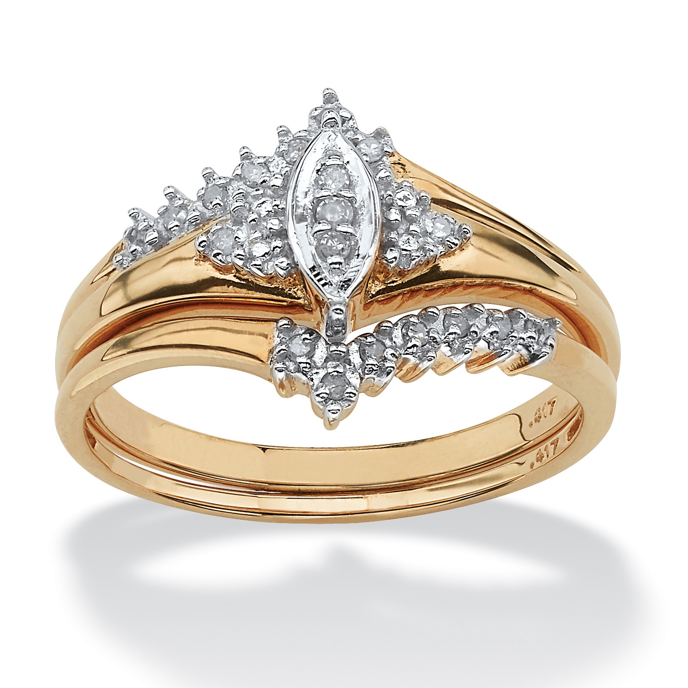 10k Gold Round Diamond Marquise-Shaped Wedding Ring Set