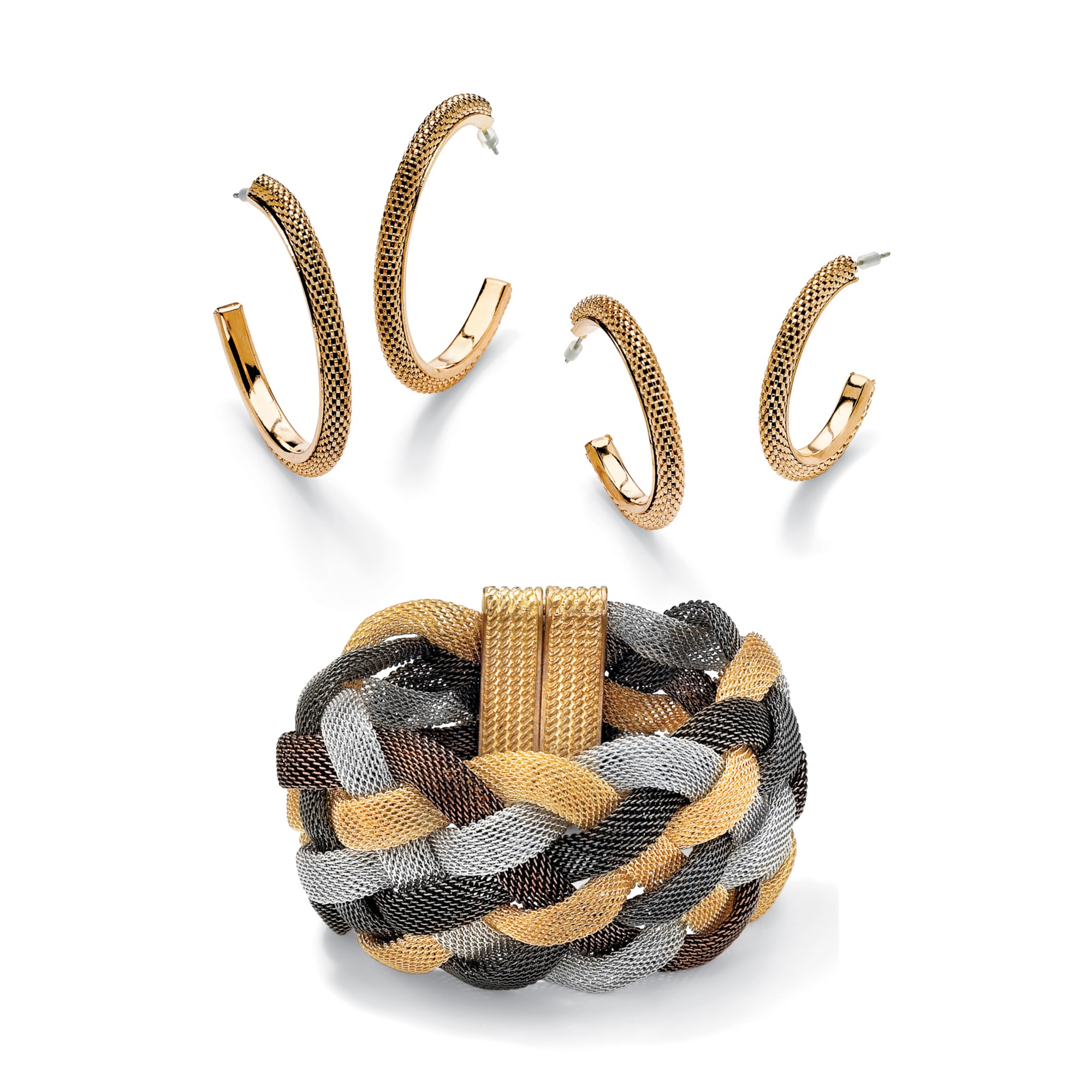 Tritone Braided Mesh Bracelet and Hoop Pierced Earring Set