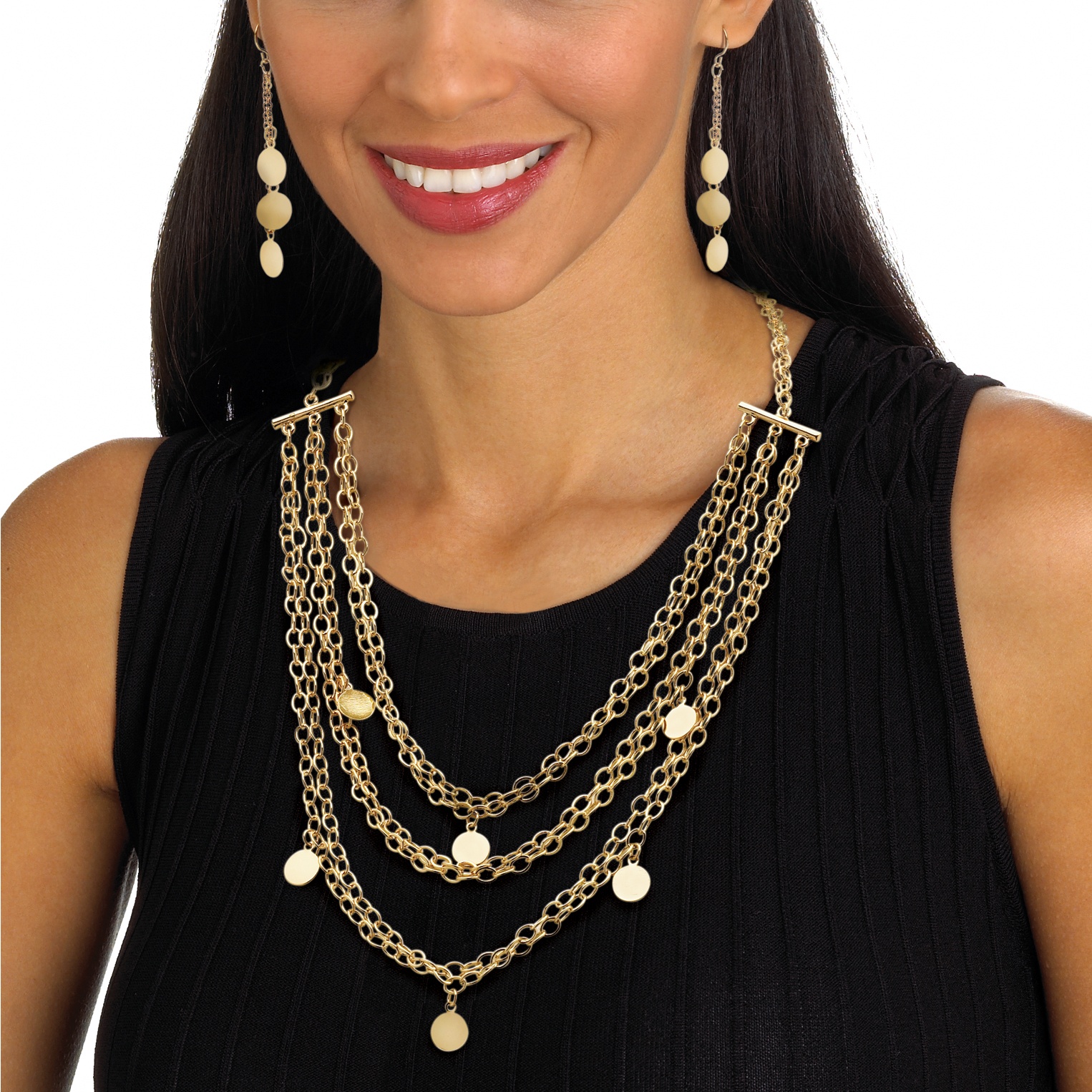Goldtone Metal Multi-Disk Necklace and Drop Pierced Earring Set