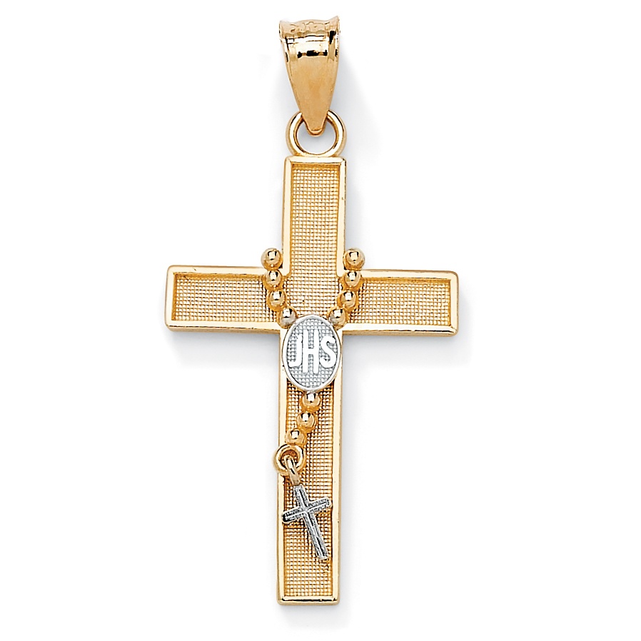 Tutone 10k Gold Rosary Bead Cross Pendant