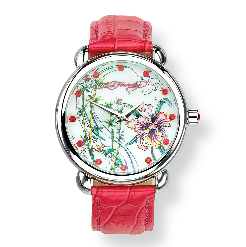 Silvertone Metal Ed Hardy Garden Watch Swarovski Crystal Accents