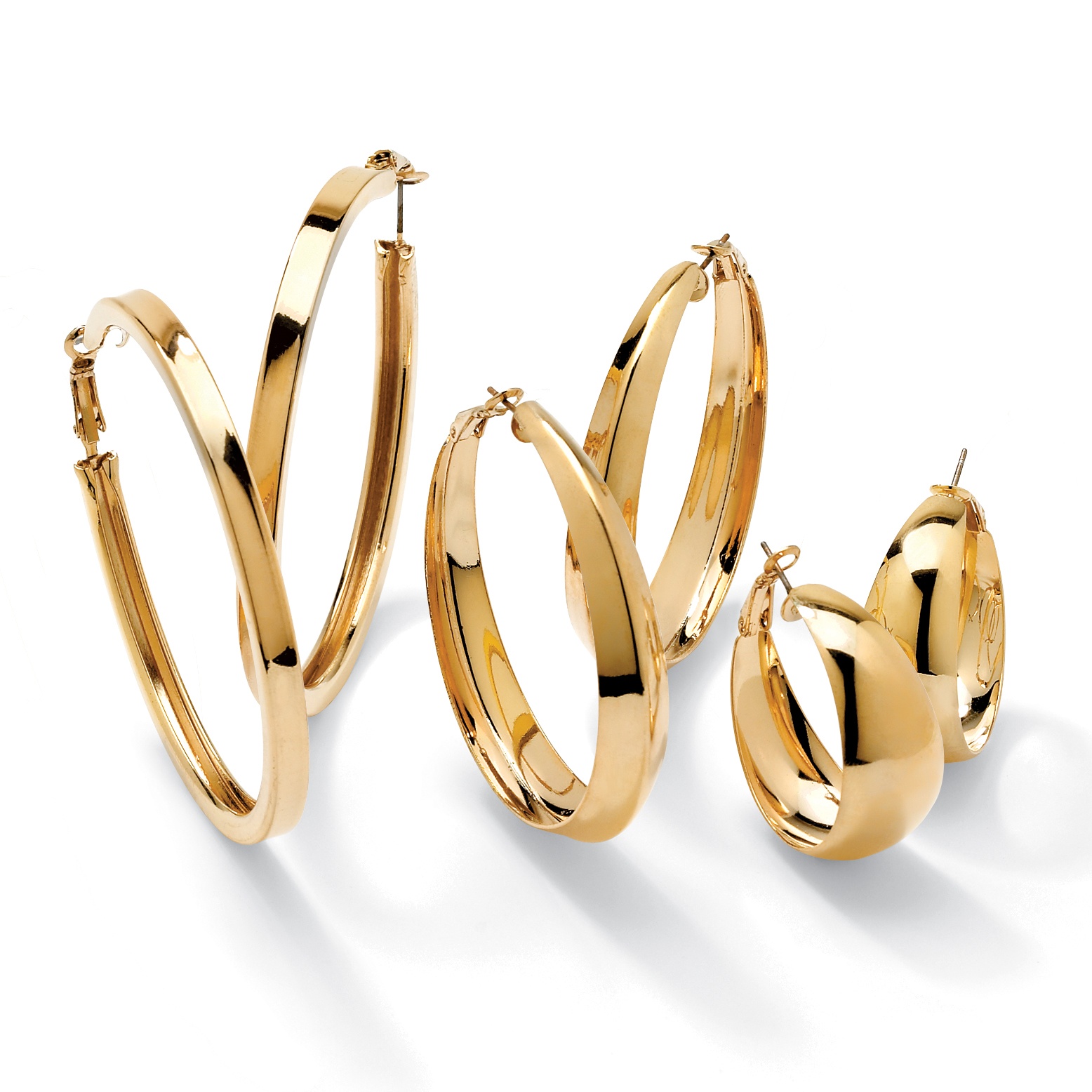 14k Yellow Gold-Plated 3-Pairs Hoop Earrings Set